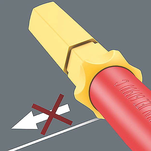 Żółty ołówek obraca się o 90 stopni przeciwnie do ruchu wskazówek zegara, aby zablokować czerwony cylindryczny obiekt, co wskazuje strzałka i czerwony krzyżyk oznaczający nieprawidłowe ułożenie.