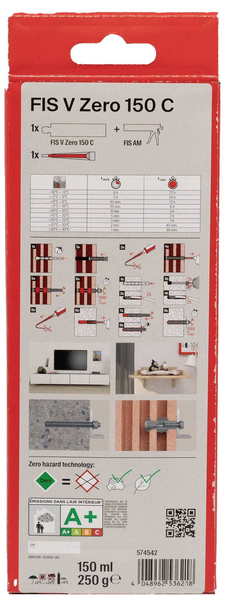 'FIS V Zero 150 C' karta instrukcyjna przedstawiająca szczegółowe kroki instalacji i użycia, z piktogramami i ikonami bezpieczeństwa. 150 ml, 250 g.