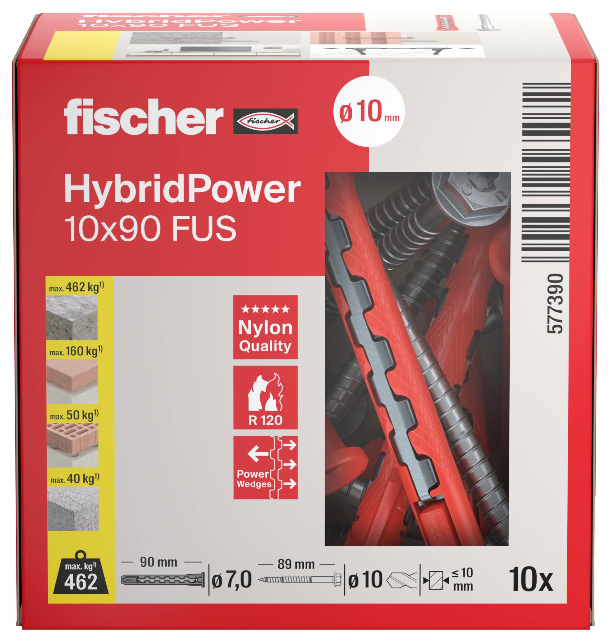Obraz przedstawia pudełko kołków rozporowych Fischer HybridPower 10x90 FUS z nylonu, zawierające informacje o nośności, szczegóły rozmiaru oraz ilustrację wkręta.