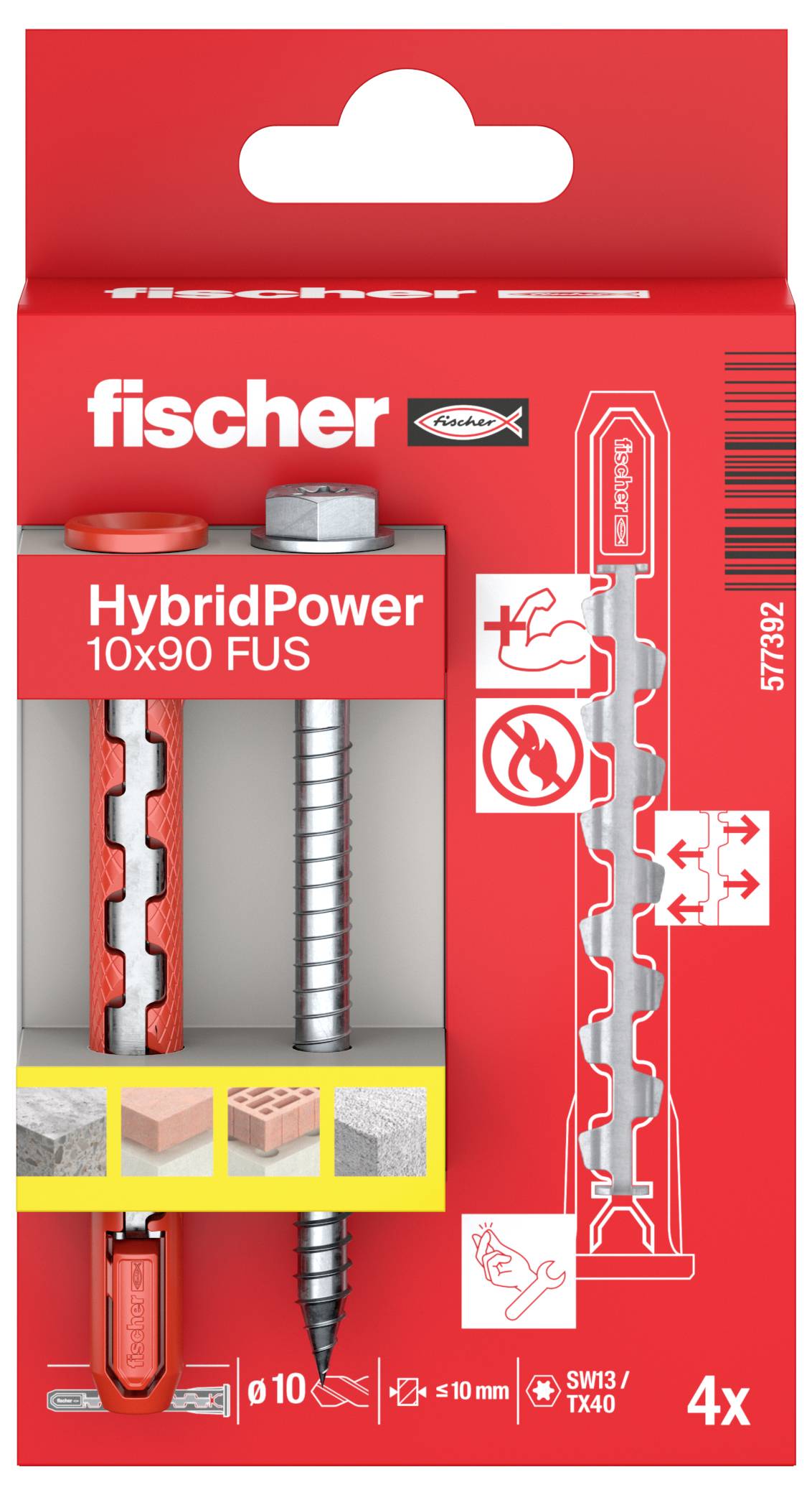 Opakowanie kołków Fischer HybridPower o rozmiarze 10x90 FUS, przeznaczonych do betonu i cegły. Zawiera cztery sztuki.