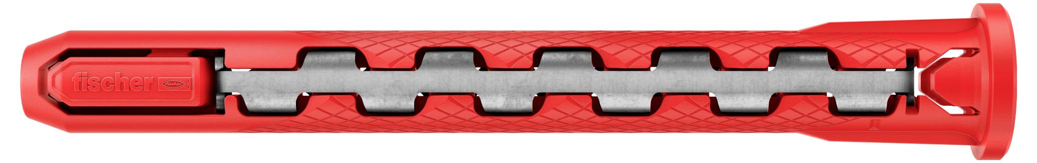 Czerwony plastikowy kołek rozporowy z metalowym elementem rozprężnym, służący do mocowania przedmiotów do ścian.