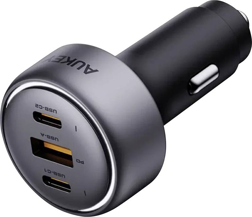 Dwuportowa ładowarka samochodowa USB z portami oznaczonymi jako 'USB-C1' i 'USB-C2', zaprojektowana do szybkiego ładowania urządzeń w pojeździe.