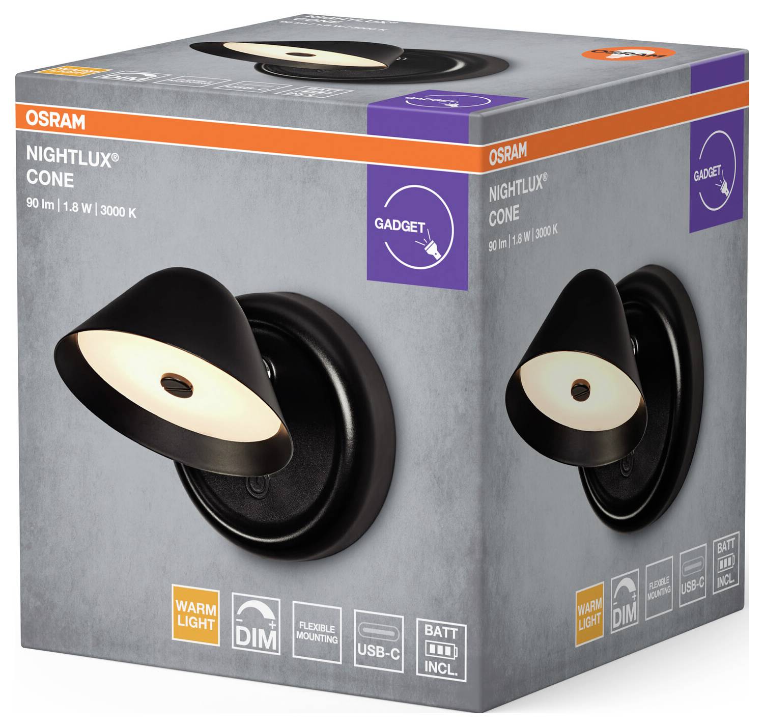 Настінний світильник OSRAM HOMELIGHTING NIGHTLUX CONE 830 DIM USB Чорний 4099854478789 1.80 Вт чорний