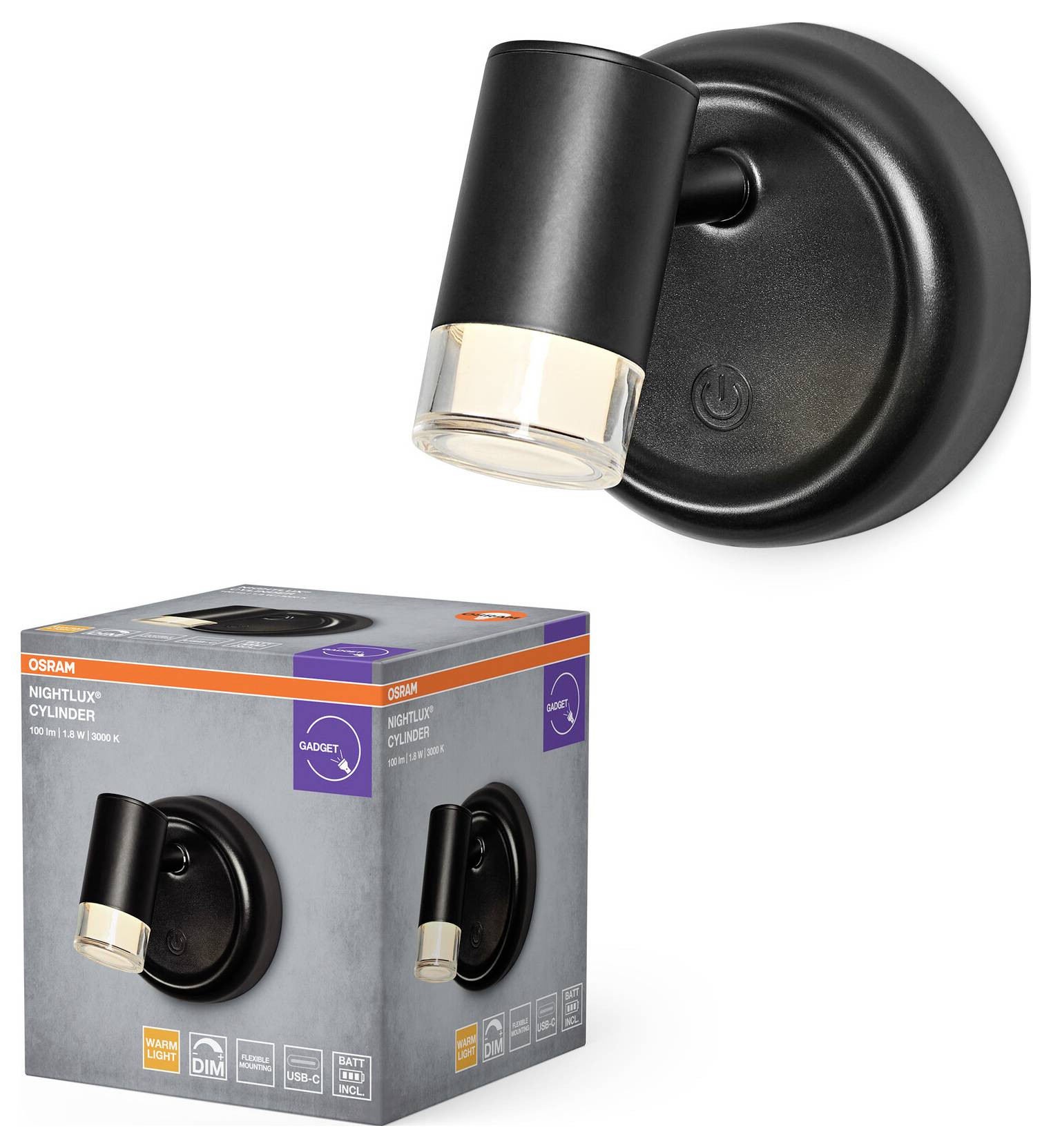 Настінний світильник OSRAM HOMELIGHTING NIGHTLUX CYLINDER 830 DIM USB Чорний 4099854478918 1.80 Вт чорний