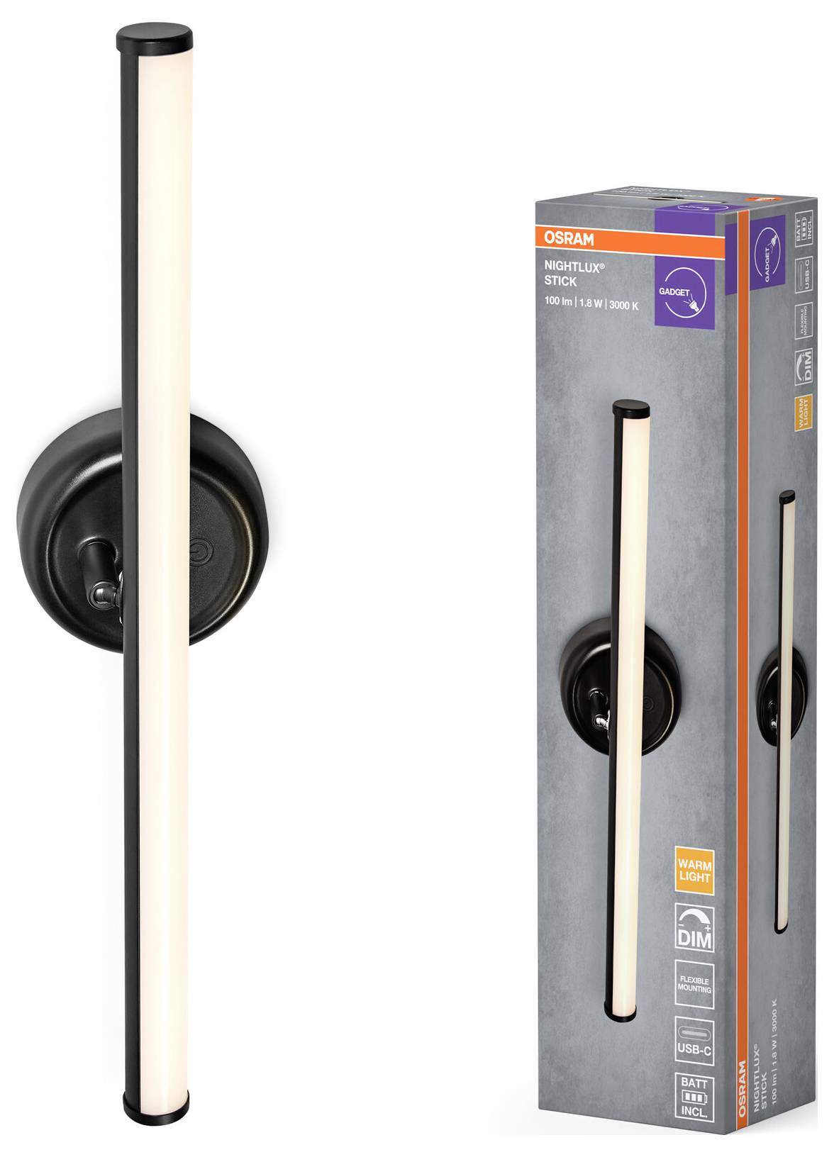 Настінний світильник OSRAM HOMELIGHTING NIGHTLUX STICK 830 DIM USB Чорний 4099854478888 1.80 Вт чорний