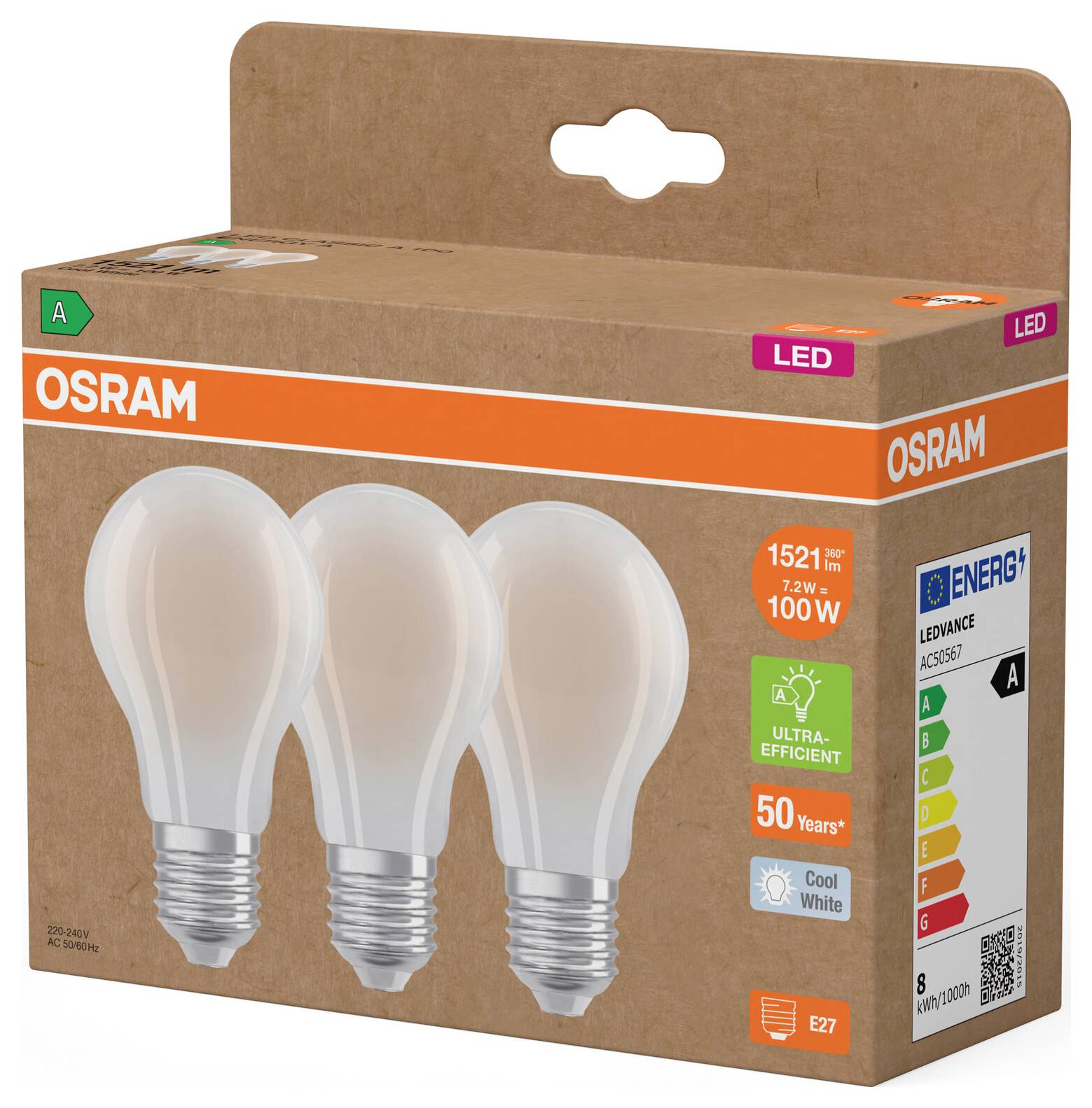 Світлодіодна лампа OSRAM HOMELIGHTING 4099854348099 E-27 7,2 Вт холодний білий 3 шт.