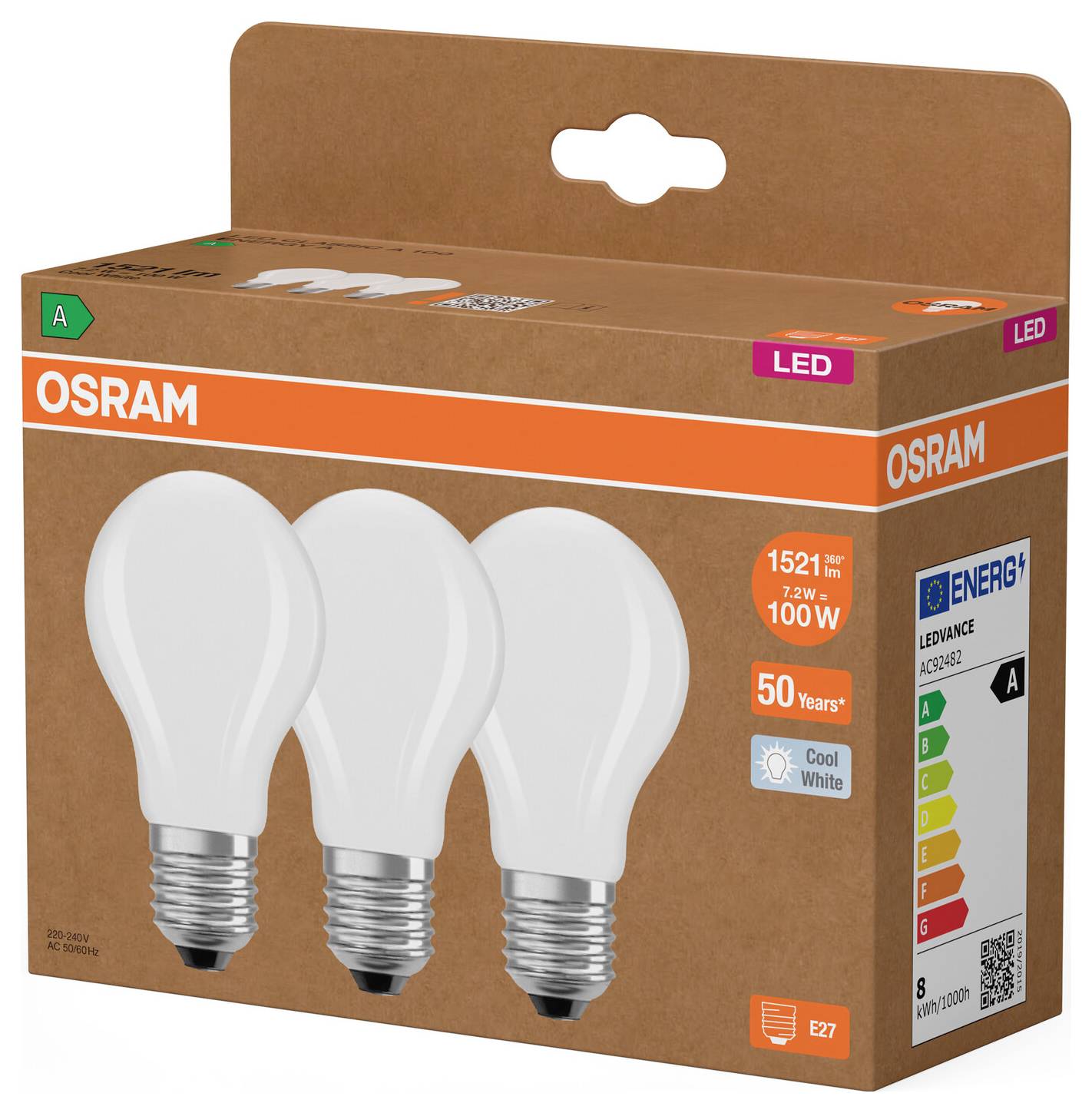 Opakowanie żarówki LED OSRAM pokazujące trzy żarówki, oznaczone 1521 lm, odpowiednik 100 W, 50 lat, zimne białe światło, E27 i ocena energetyczna A.