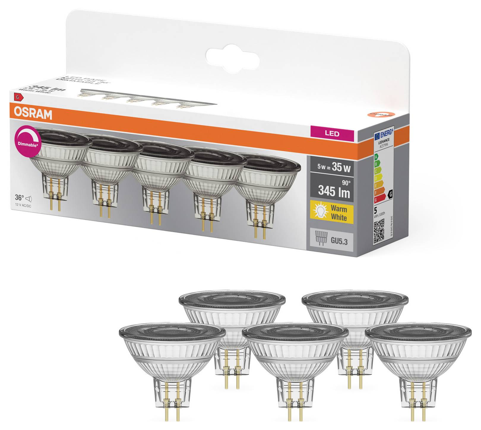 Світлодіодна лампа-прожектор OSRAM HOMELIGHTING 4099854352393 GU5.3 5 Вт теплий білий 5 шт.