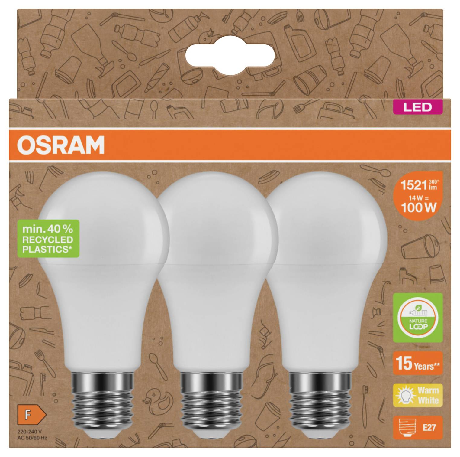 Zestaw żarówek LED OSRAM z trzema żarówkami E27, 14W ekwiwalent 100W, ciepła biel, 1521 lm, 15 lat, wykonany z 40% recyklingu plastiku.