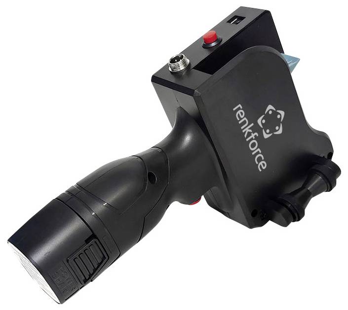 Przenośna ręczna drukarka atramentowa z logo 'renkforce', wyposażona w uchwyt do trzymania, przycisk zasilania i dyszę, przeznaczona do bezpośredniego drukowania.