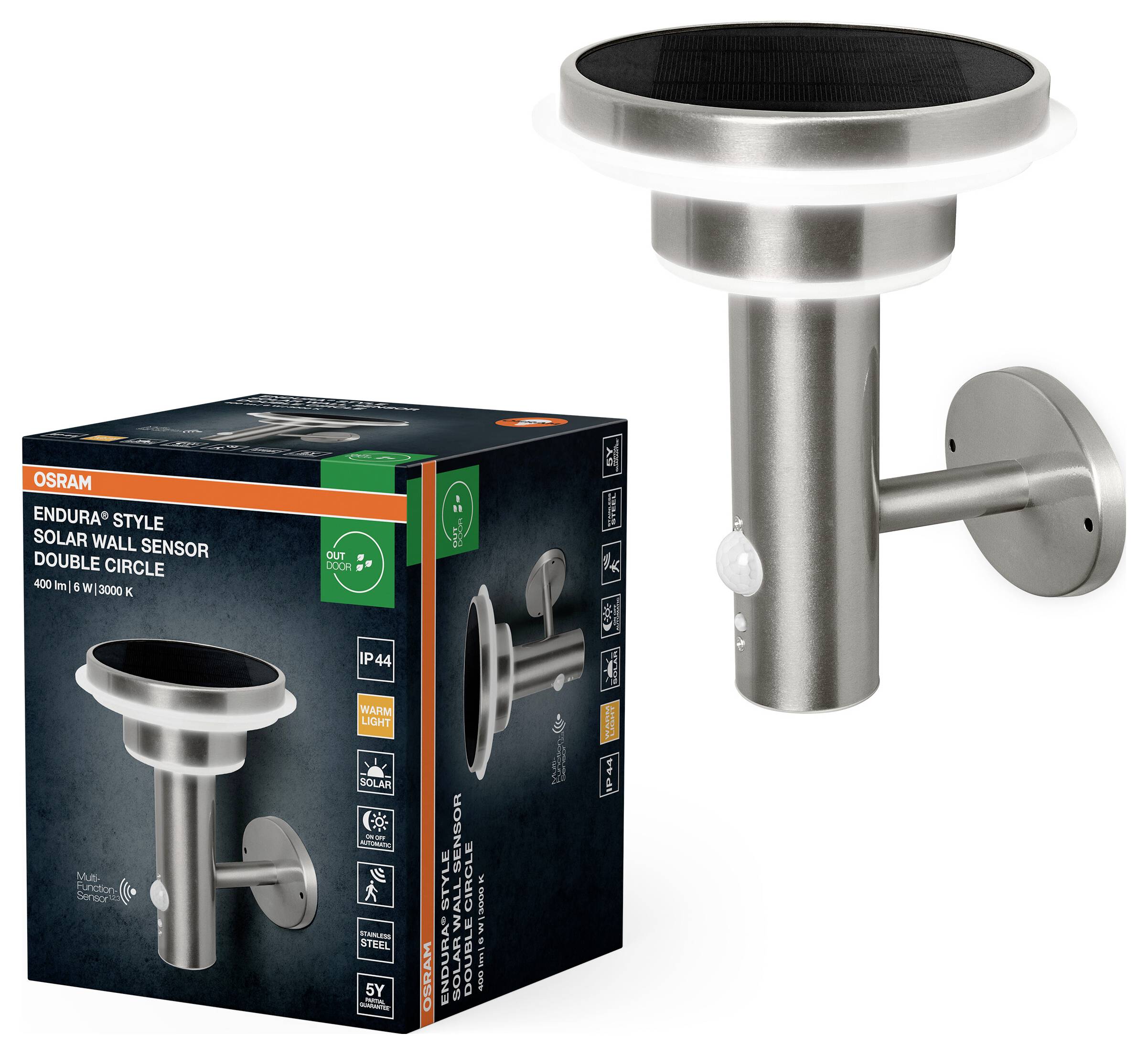 Сонячний настінний світильник OSRAM HOMELIGHTING ENDURA Style із датчиком сонячної енергії, подвійний круг, 6 Вт, з нержавіючої ст