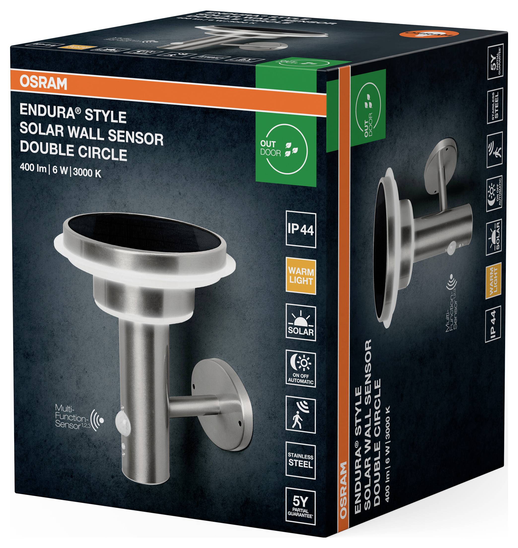 Сонячний настінний світильник OSRAM HOMELIGHTING ENDURA Style із датчиком сонячної енергії, подвійний круг, 6 Вт, з нержавіючої ст