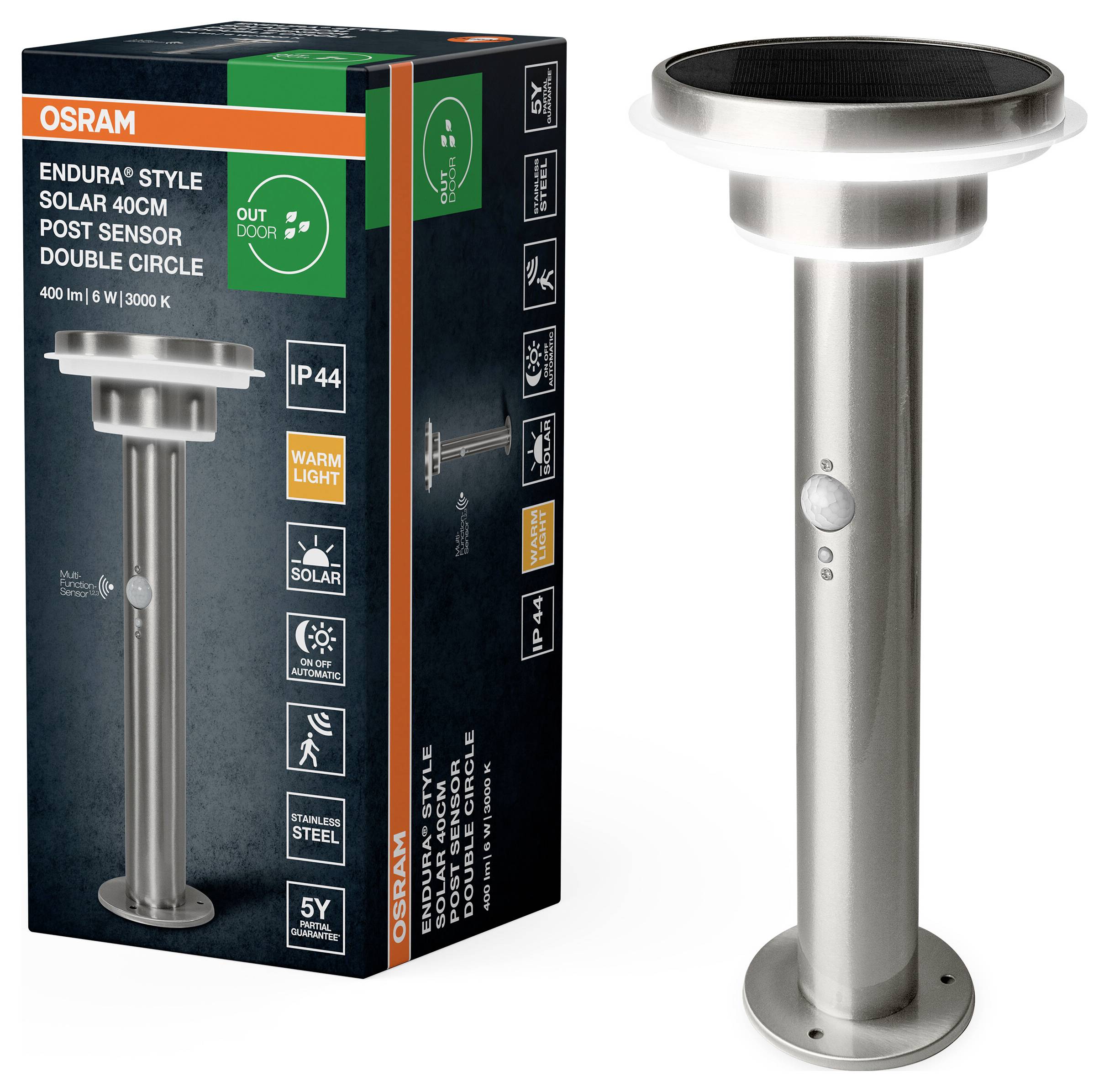 Сонячний настінний світильник OSRAM HOMELIGHTING ENDURA Style, 40 см, стовп, датчик, подвійний круг, 6 Вт, нержавіюча сталь, 40998