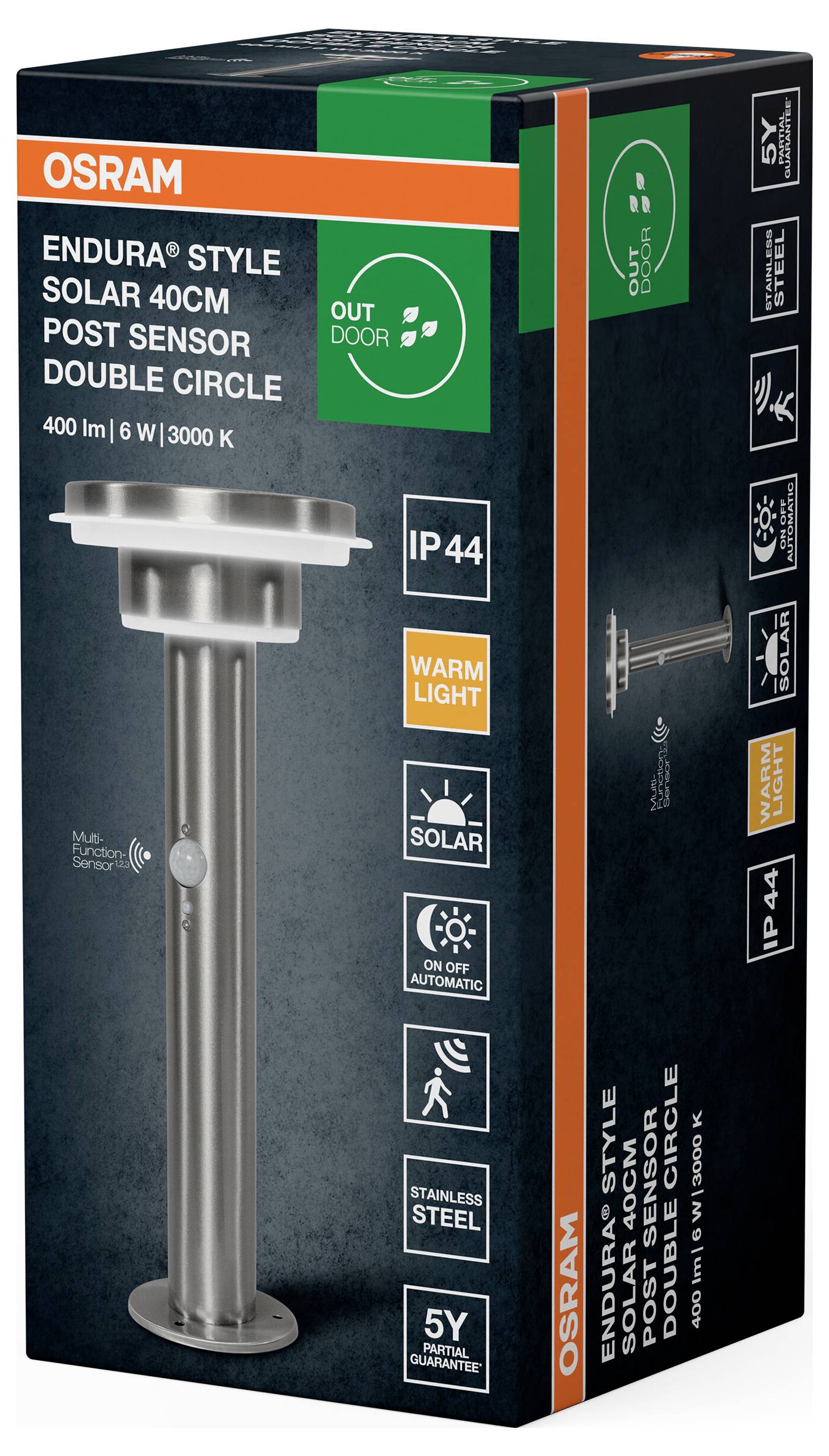 Сонячний настінний світильник OSRAM HOMELIGHTING ENDURA Style, 40 см, стовп, датчик, подвійний круг, 6 Вт, нержавіюча сталь, 40998