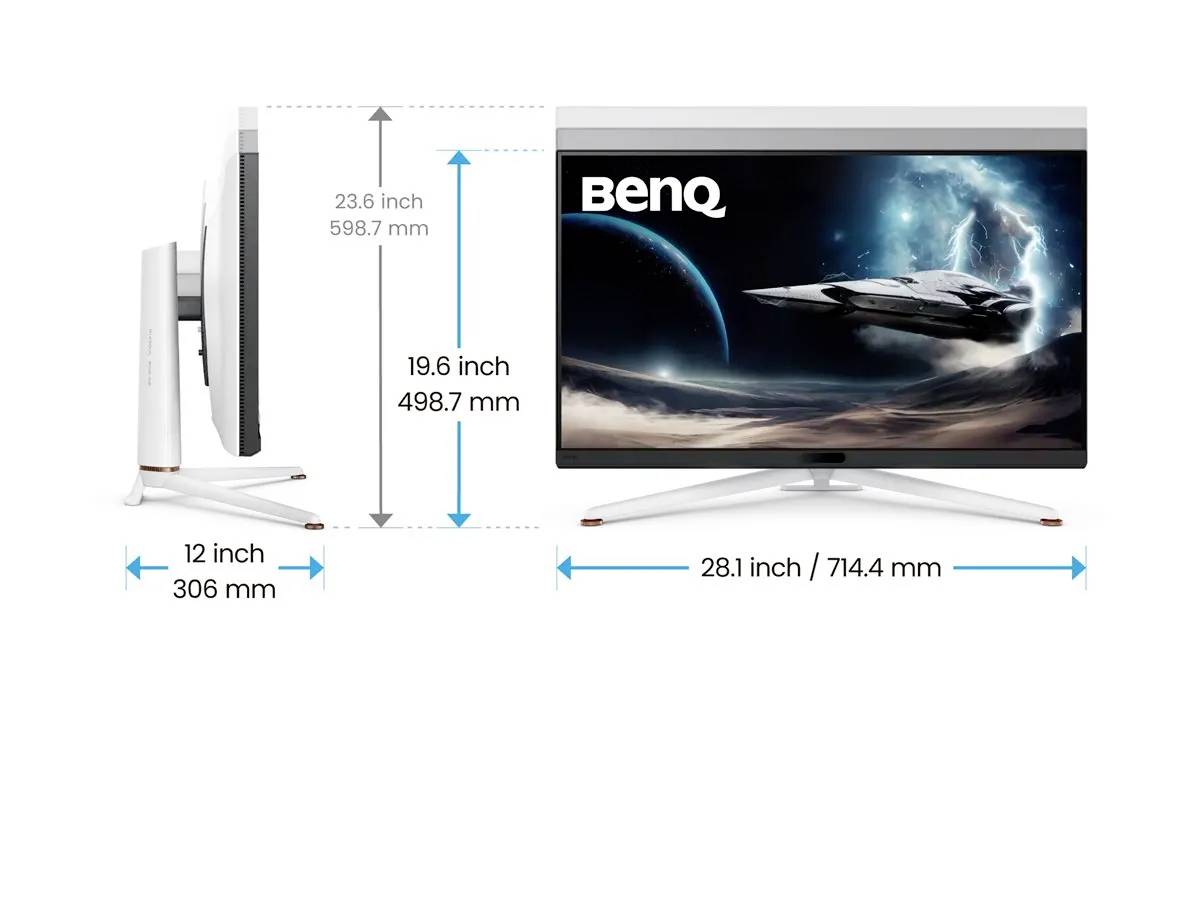 Widok z boku i z przodu monitora BenQ wyświetlającego scenę kosmiczną z statkiem kosmicznym. Wymiary są podane: 12 cali głębokości, 28,1 cala szerokości, 19,6 cala wysokości regulowanej do 23,6 cala.