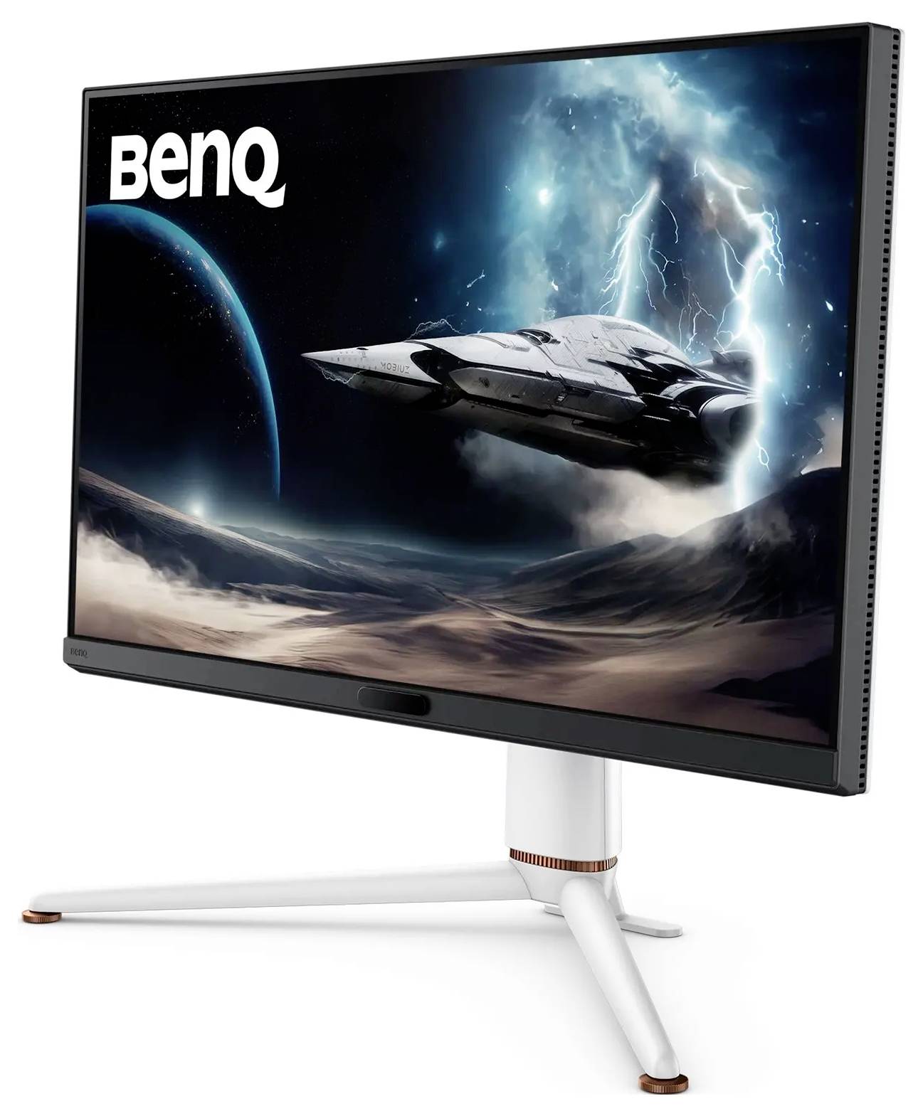 Na monitorze komputerowym BenQ wyświetlany jest futurystyczny statek kosmiczny lecący nad skalistym, obcym krajobrazem z burzowym niebem i błyskawicami.