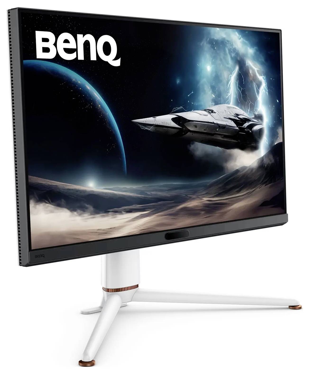 Monitor BenQ z futurystycznym statkiem kosmicznym lecącym nad pustynnym krajobrazem, z niebieską planetą i gwiazdami widocznymi w tle.