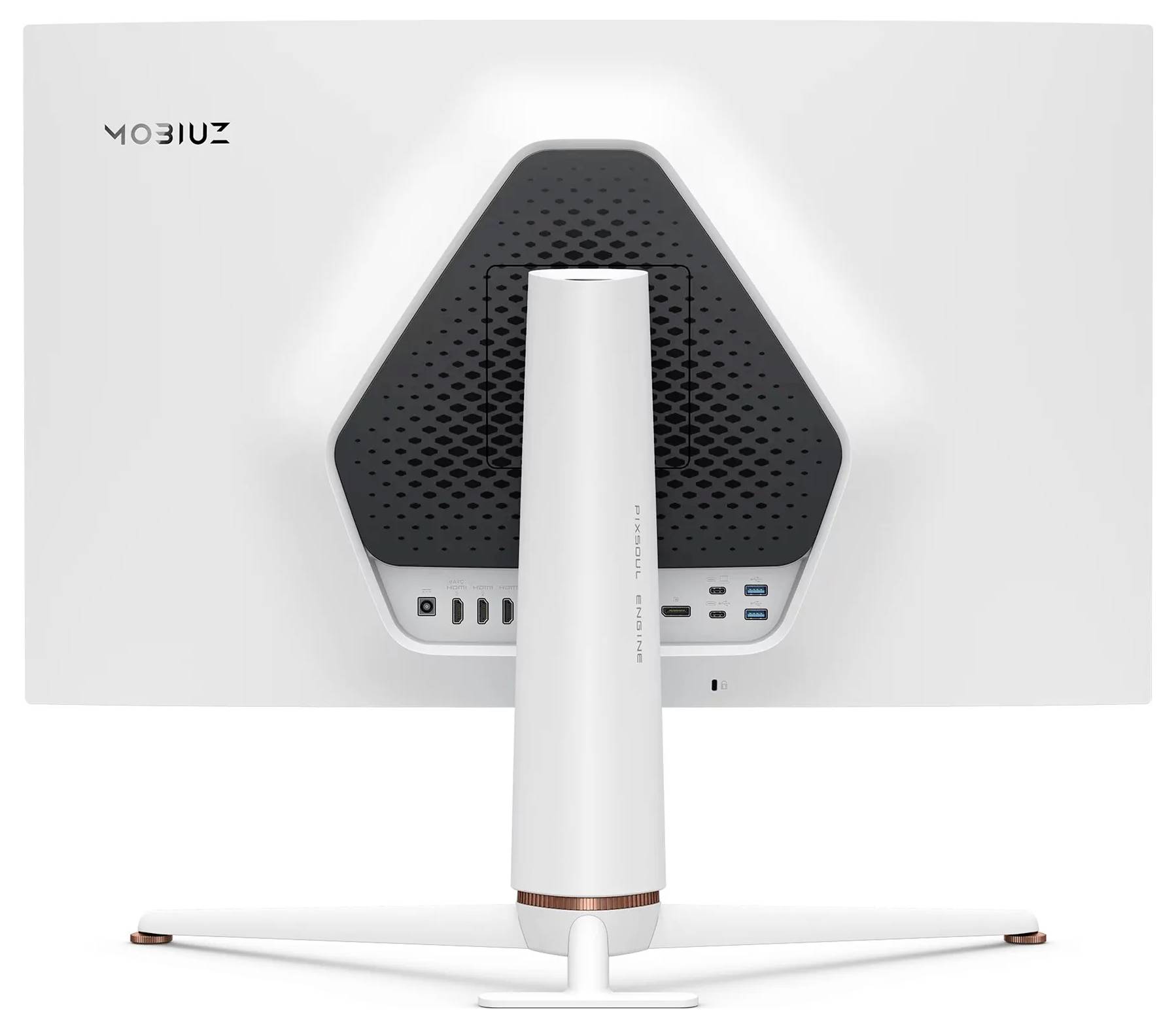 Tylny widok białego monitora komputerowego MOBIUZ, ukazujący porty i wentylację, z centralnie umieszczonym stojakiem.