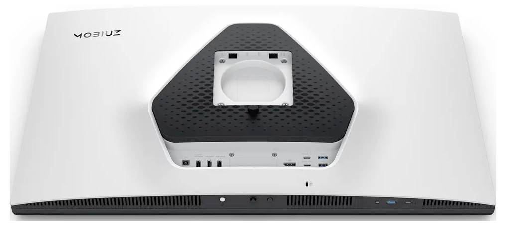 Biały tylny panel monitora z portami, w tym HDMI, USB i audio, oraz wspornikiem montażowym pośrodku.