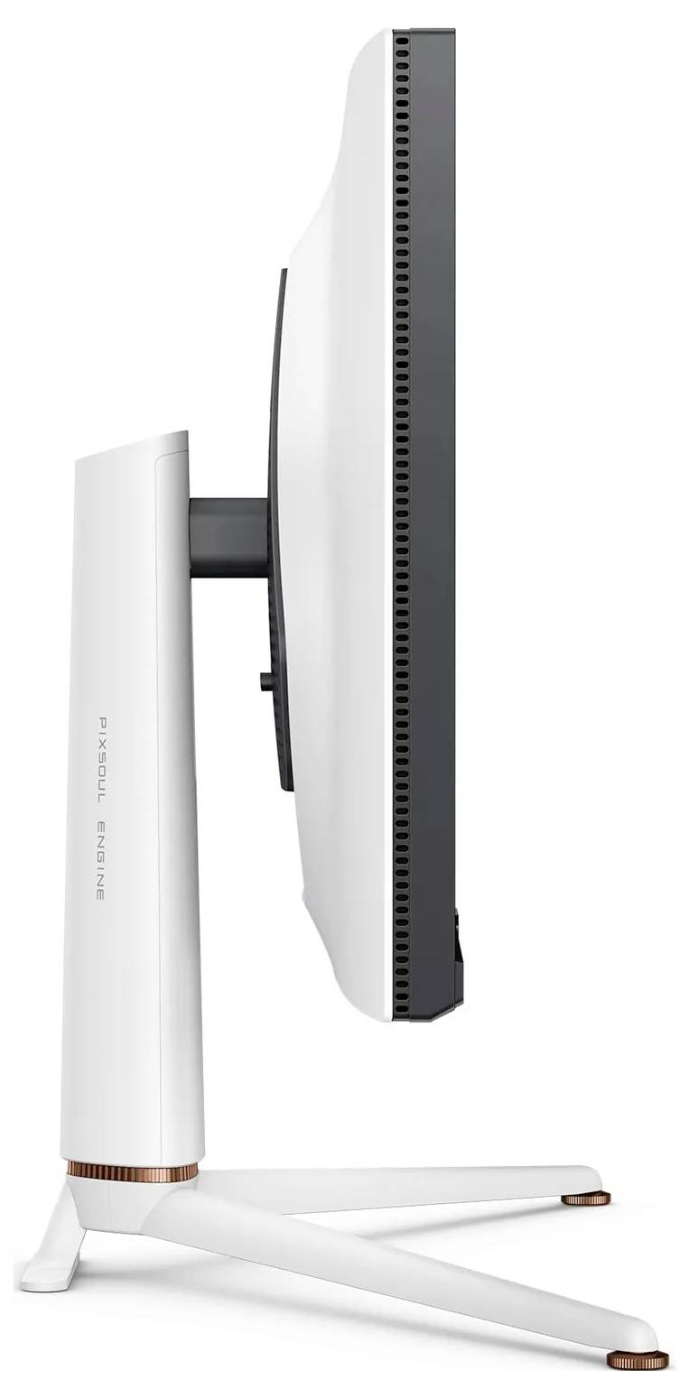 Nowoczesny, smukły monitor komputerowy w białym kolorze z regulowaną podstawą, widziany z boku.