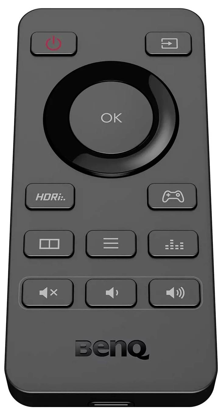 Czarny pilot zdalnego sterowania BenQ z przyciskami zasilania, HDRi, trybu gry, wyboru źródła sygnału i regulacji głośności, z centralnym przyciskiem 'OK'.