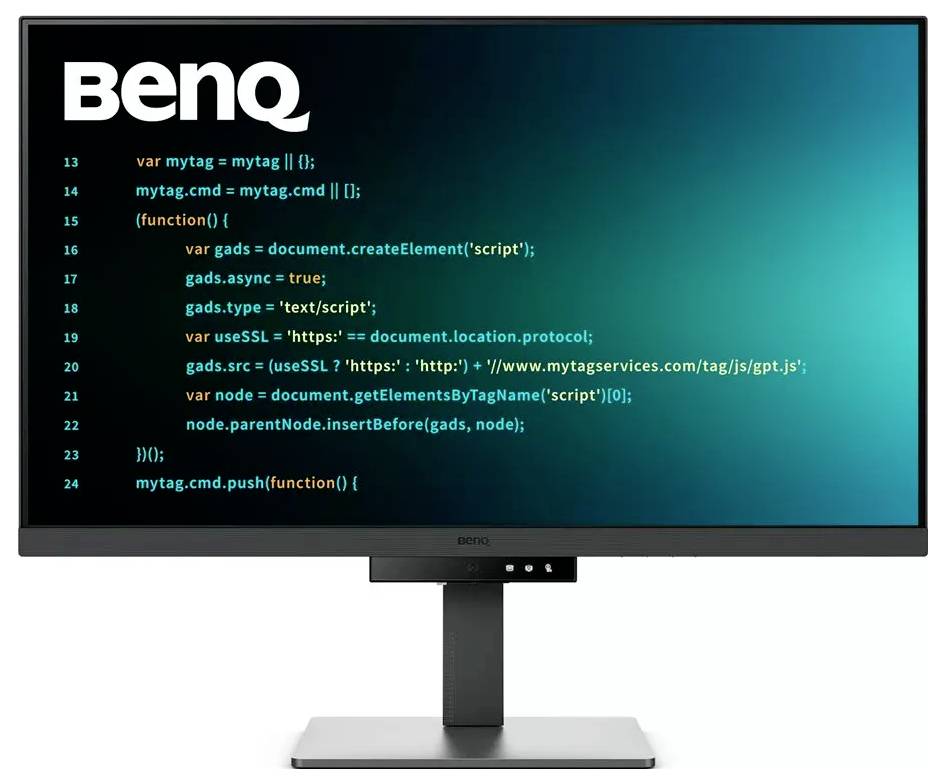 Monitor BenQ wyświetlający kod związany ze skryptem usług reklamowych z widocznymi zmiennymi i funkcjami na tle gradientu niebiesko-zielonym.
