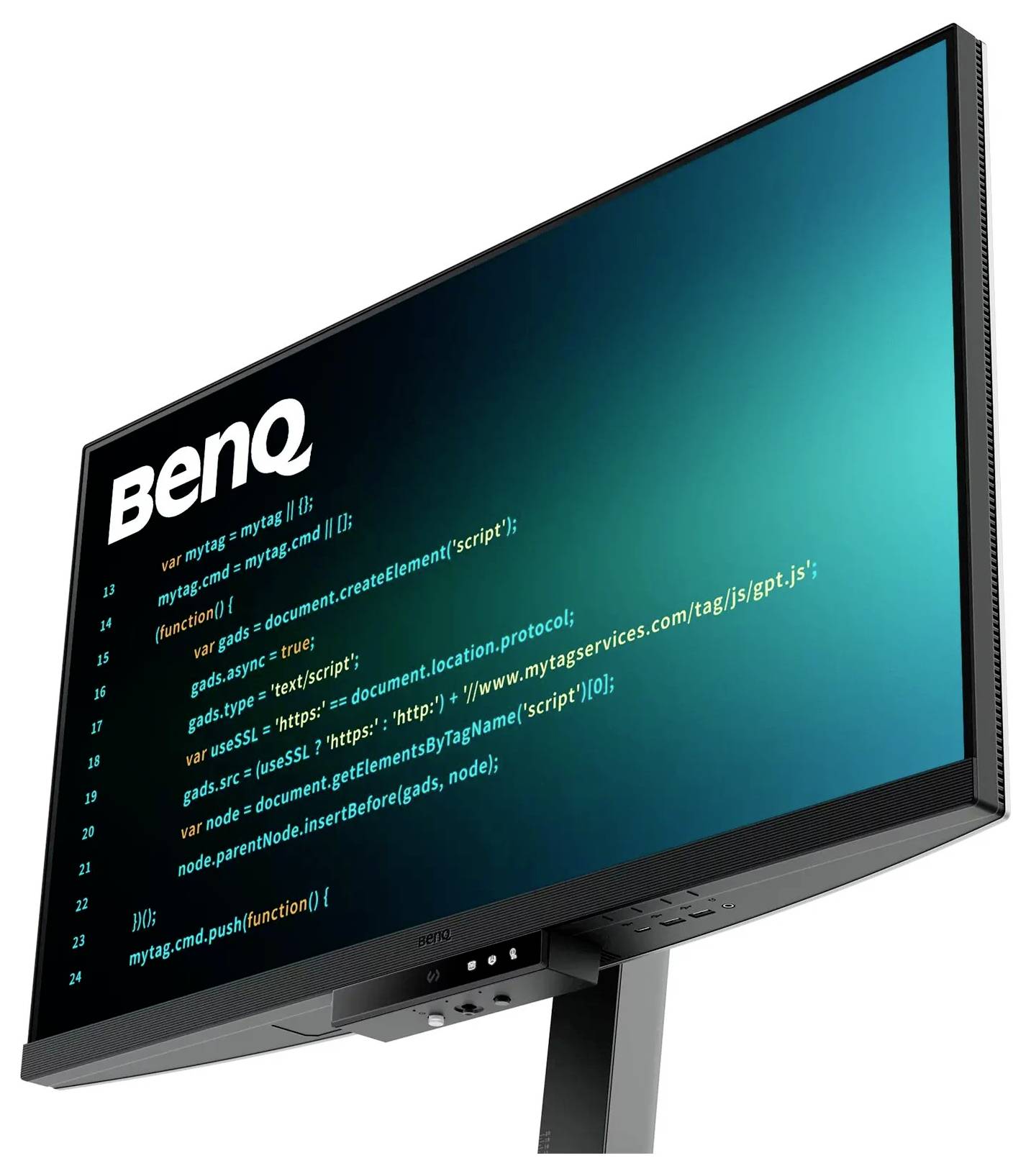 Monitor BenQ wyświetlający linie kodu JavaScript.