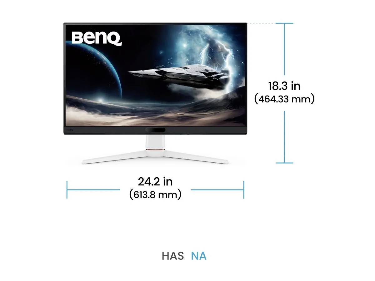 Monitor BenQ wyświetlający obraz z motywem kosmicznym z statkiem kosmicznym. Wymiary monitora wynoszą 24,2 cala (613,8 mm) szerokości i 18,3 cala (464,33 mm) wysokości.