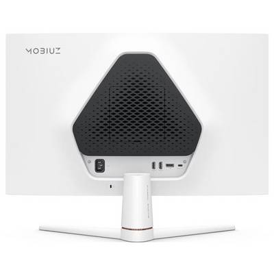 Obraz przedstawia tylną część białego monitora komputerowego MOBIUZ z kilkoma portami i przyciskiem zasilania. Monitor ma nowoczesny, trójkątny kształt.