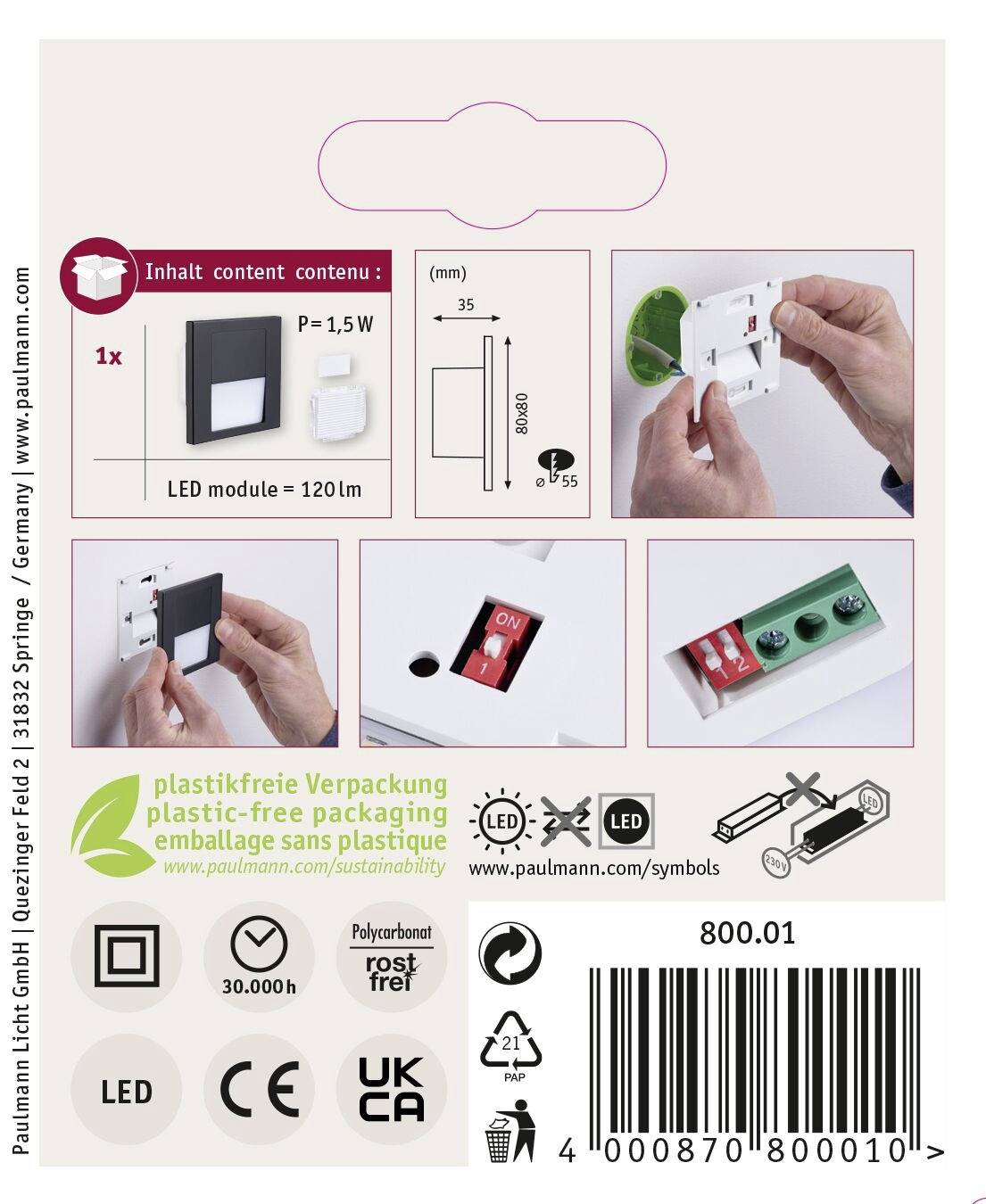 Lampa ścienna do zabudowy Paulmann Tsaro eckig 80x36mm 80001 1 W 80 lm-9