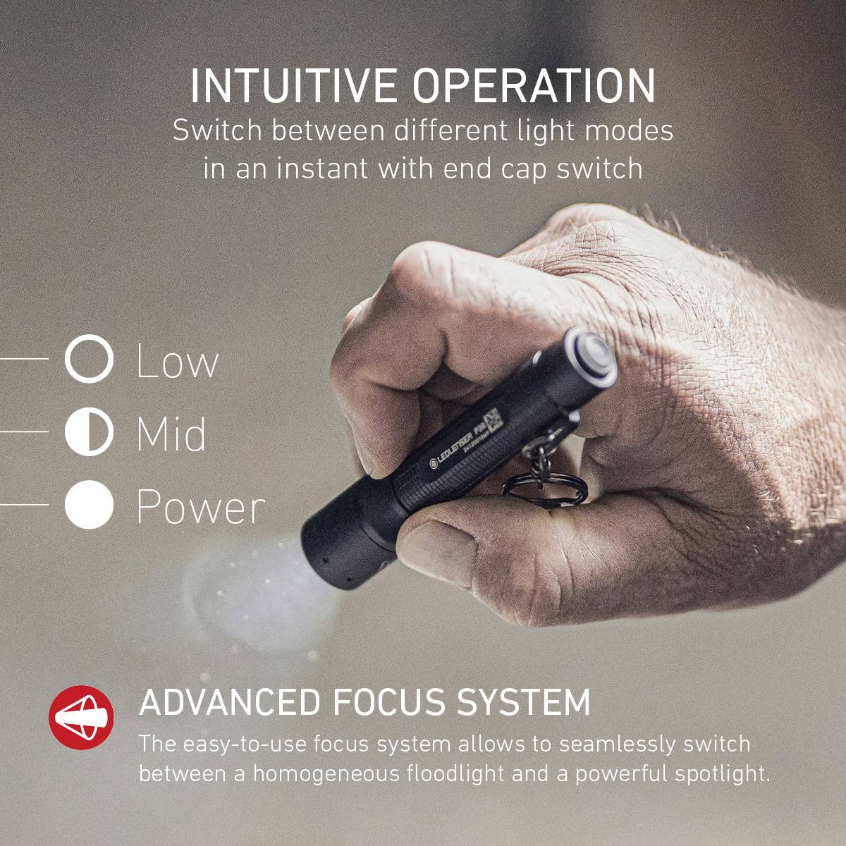 Mężczyzna trzyma małą latarkę. Tekst: 'INTUICYJNA OBSŁUGA. Łatwo przełączaj między różnymi trybami świecenia za pomocą przełącznika na końcówce.' Oznaczenia dla Low, Mid, Power. 'ZAAWANSOWANY SYSTEM OGNISKOWANIA.'
