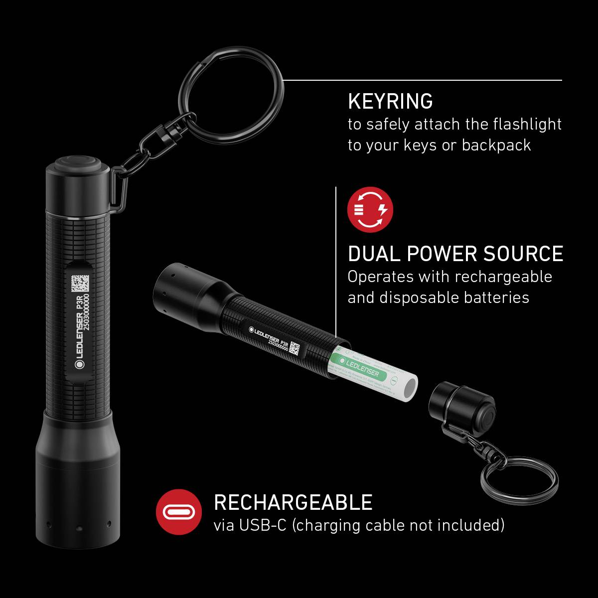 Latarka brelokowa z kółkiem na klucze, podwójne źródło zasilania (akumulator/bateria), ładowana przez USB-C. Tekst: Brelok na klucze, Podwójne źródło zasilania, Możliwość ładowania.