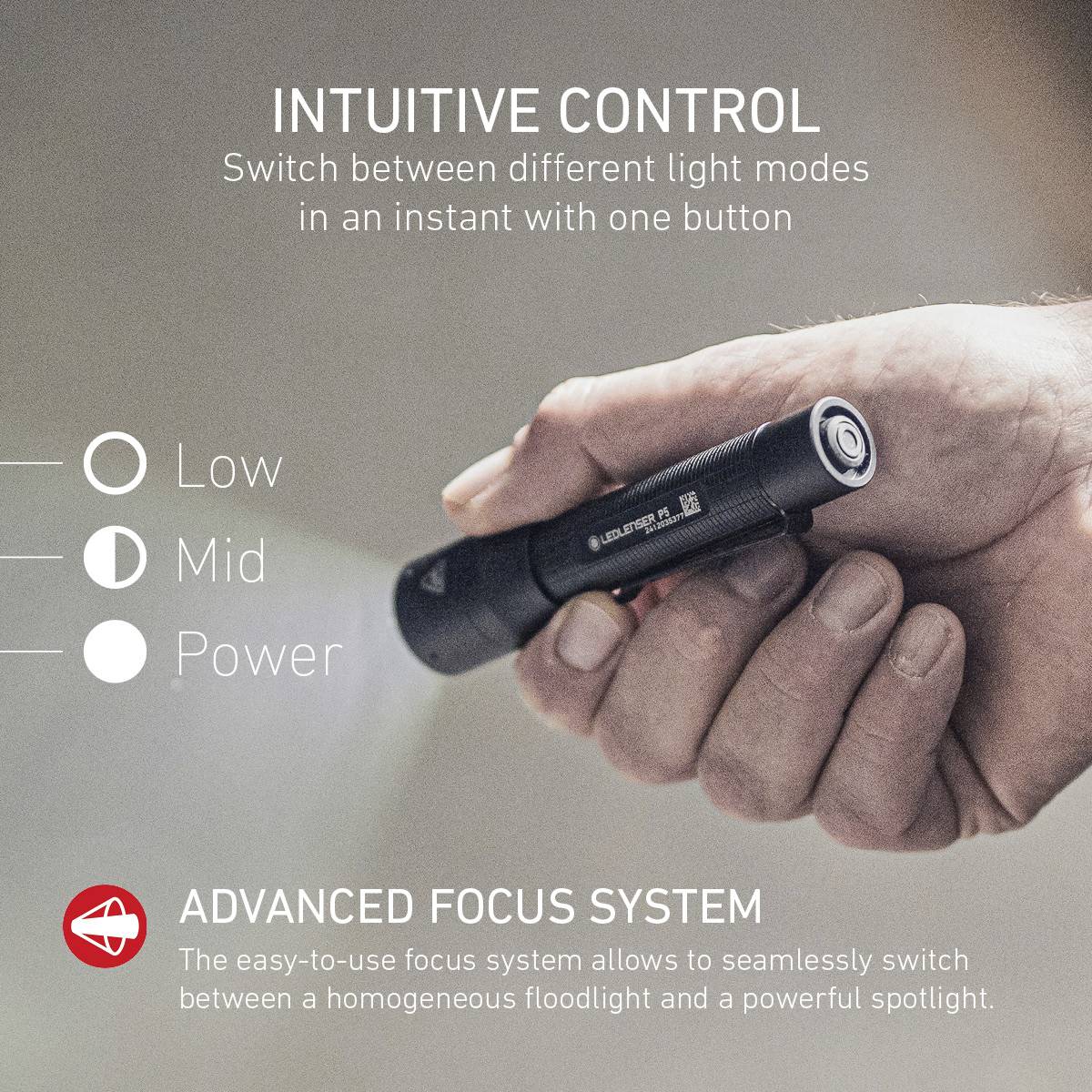 Jedna ręka trzyma latarkę. Po lewej stronie tekst: 'Intuicyjna kontrola' z wyjaśnieniem trybów świecenia (Low, Mid, Power). Na dole: 'Zaawansowany System Ogniskowania'.