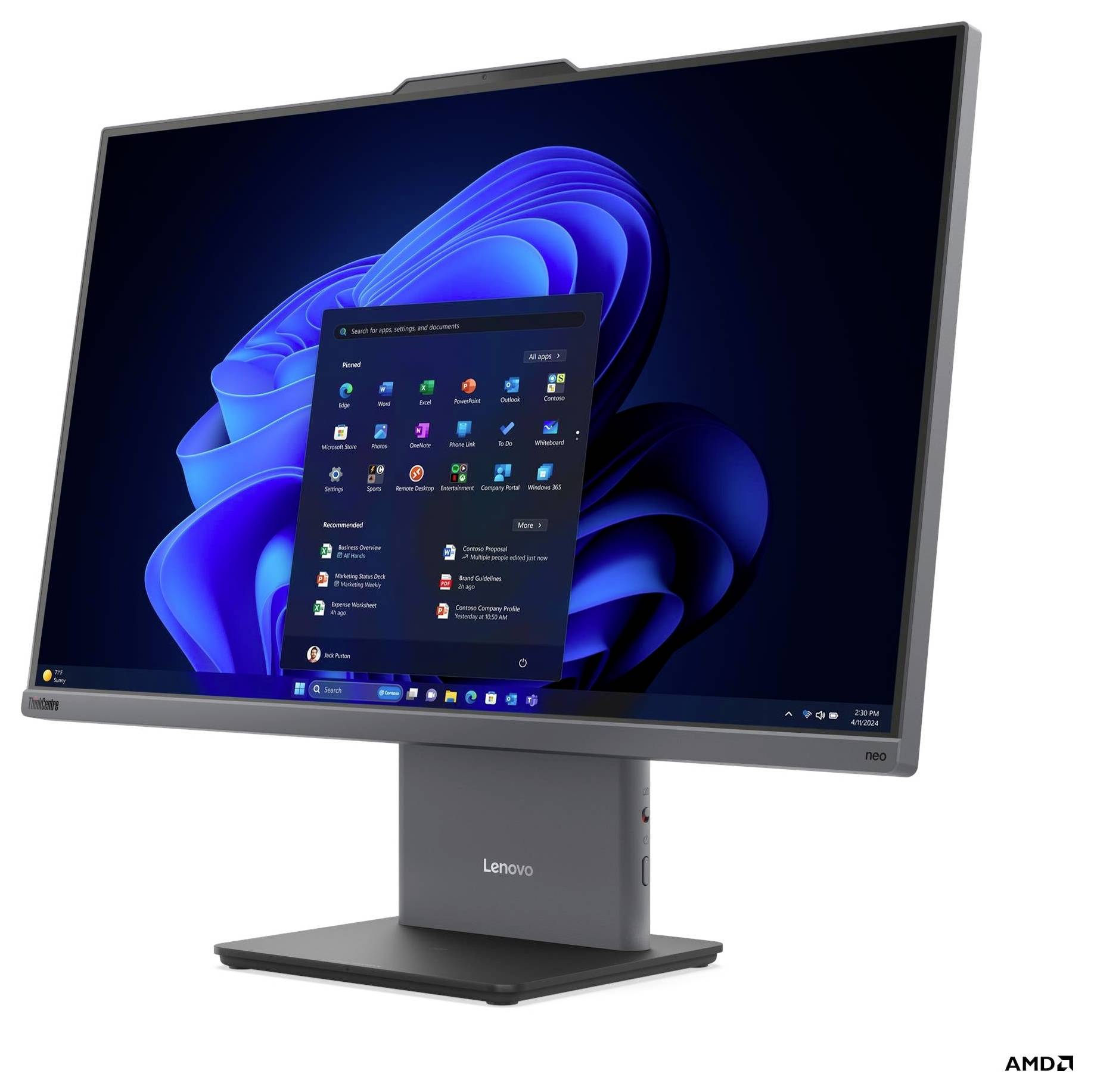 Monitor komputerowy wyświetlający pulpit systemu Windows z otwartym menu Start, na którym widocznych jest kilka ikon aplikacji.