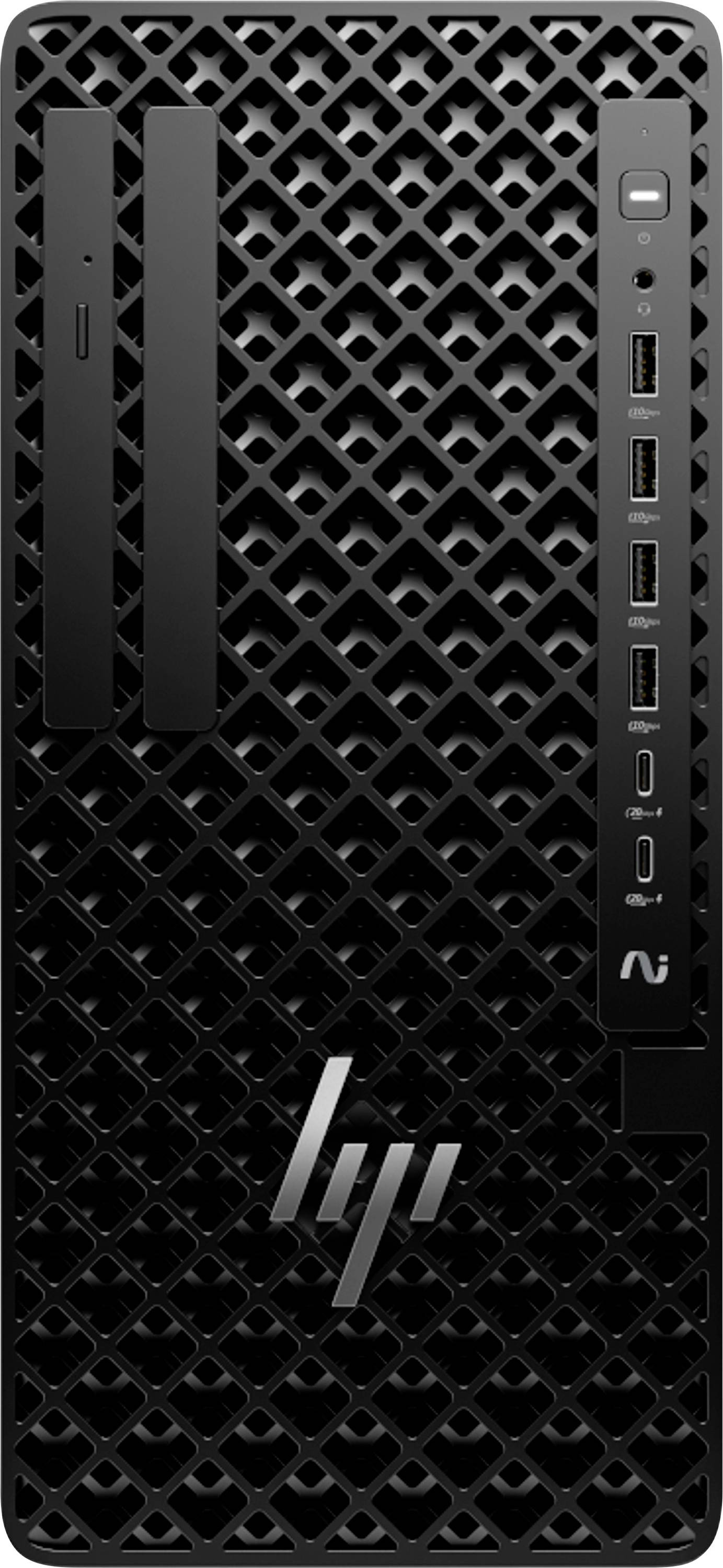 Widok z przodu czarnej obudowy komputera stacjonarnego z wzorem kratownicy, wyposażonej w liczne porty USB, logo oraz pionową nagrywarkę optyczną.