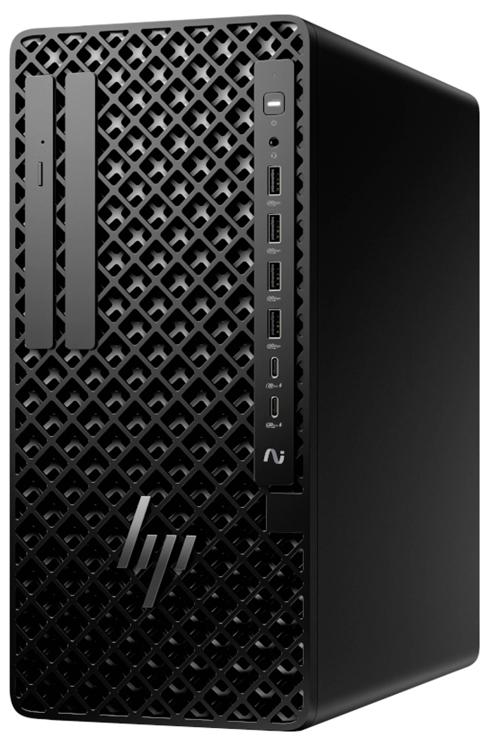 Czarna wieżowa obudowa komputera HP z wzorzystym panelem przednim, wieloma portami USB oraz przyciskiem zasilania z boku.