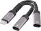 Rozdzielacz USB-C z jednym portem USB-C oraz gniazdem słuchawkowym, zaprojektowany do jednoczesnego przesyłania dźwięku i ładowania.
