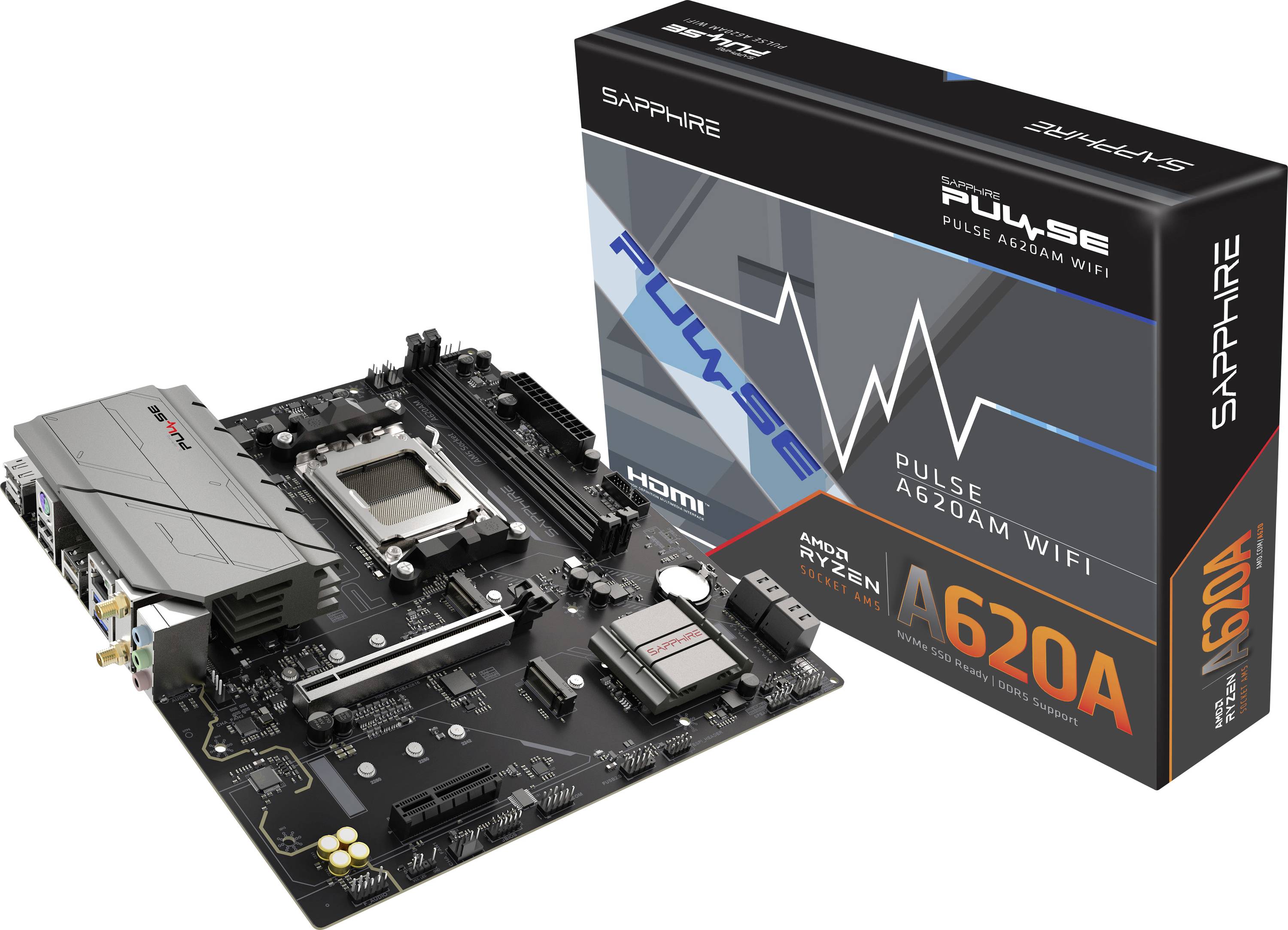 Płyta główna 'A620A PULSE' z pudełkiem. Kompatybilna z procesorami AMD Ryzen, wyposażona w złącze HDMI, z obsługą WiFi. Czarna płyta, metalowe radiatory, kompaktowa konstrukcja.