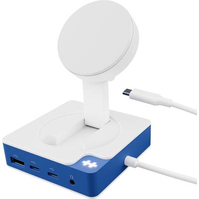 Biała i niebieska stacja dokująca ze stojakiem, wyposażona w wiele portów USB oraz gniazdo słuchawkowe, połączona za pomocą kabla USB-C.