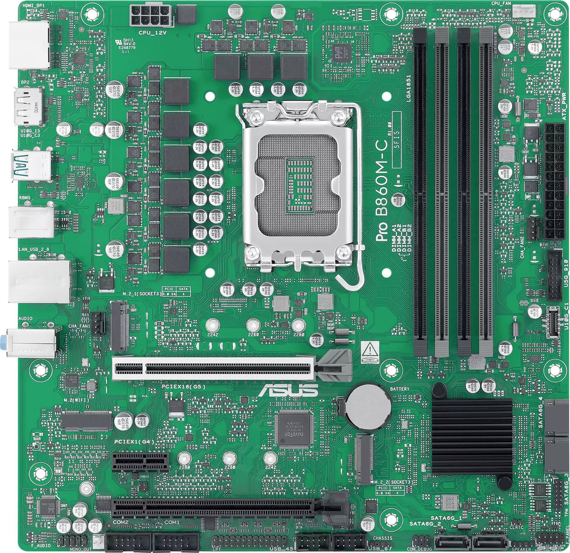 Zielona płyta główna komputera z wieloma gniazdami i złączami, oznaczona etykietą 'Pro B660M-C.' Posiada gniazdo procesora, sloty pamięci RAM oraz różne porty.