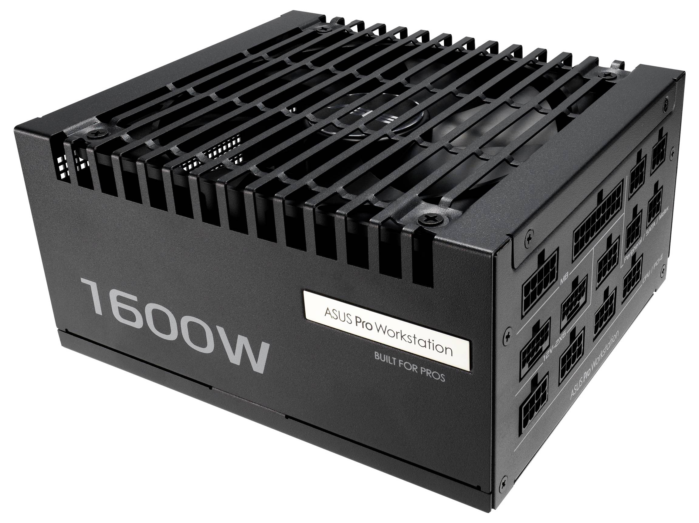 Zasilacz ASUS Pro Workstation o mocy 1600W z wieloma portami kablowymi, przeznaczony do profesjonalnego użytku.