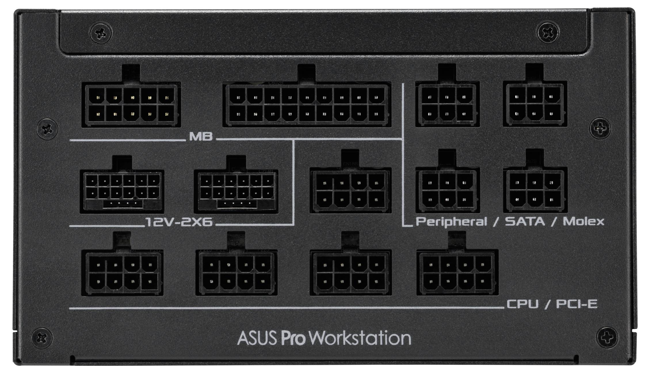 Jednostka zasilająca z wieloma portami oznaczonymi jako płyta główna, 12V-2X6, Peryferia/SATA/Molex oraz CPU/PCI-E, markowana jako 'ASUS Pro Workstation'.