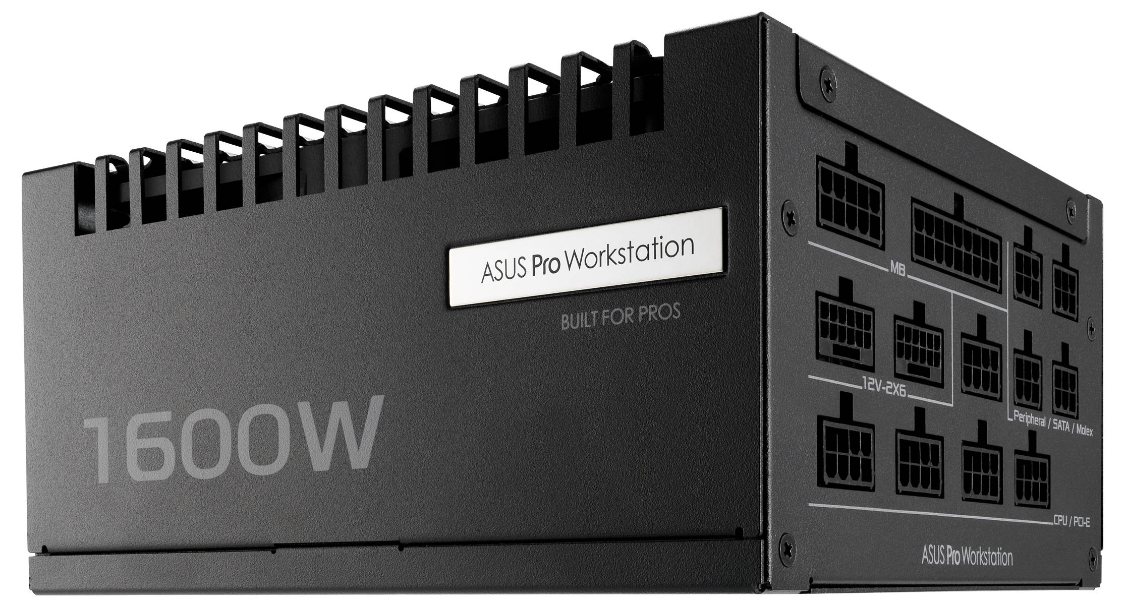 Zasilacz 'ASUS Pro Workstation' o mocy 1600W z wieloma portami przyłączeniowymi, oznaczony jako 'STWORZONY DLA PROFESJONALISTÓW'.