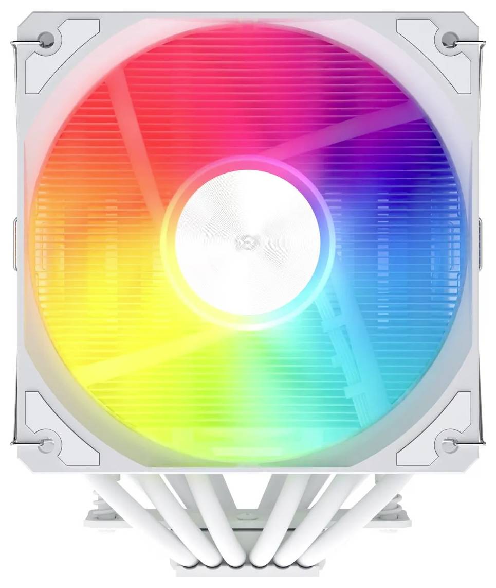Chłodnica procesora komputera z dużym wentylatorem posiada podświetlenie RGB, wyświetlające spektrum kolorów, w tym czerwony, żółty, zielony i niebieski.