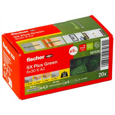 Czerwona wkładka ścienną Fischer SX Plus Green 6x30 S A2 w opakowaniu pudełkowym z 20 zielonymi kołkami widocznymi przez okno i szczegółami produktu na opakowaniu.