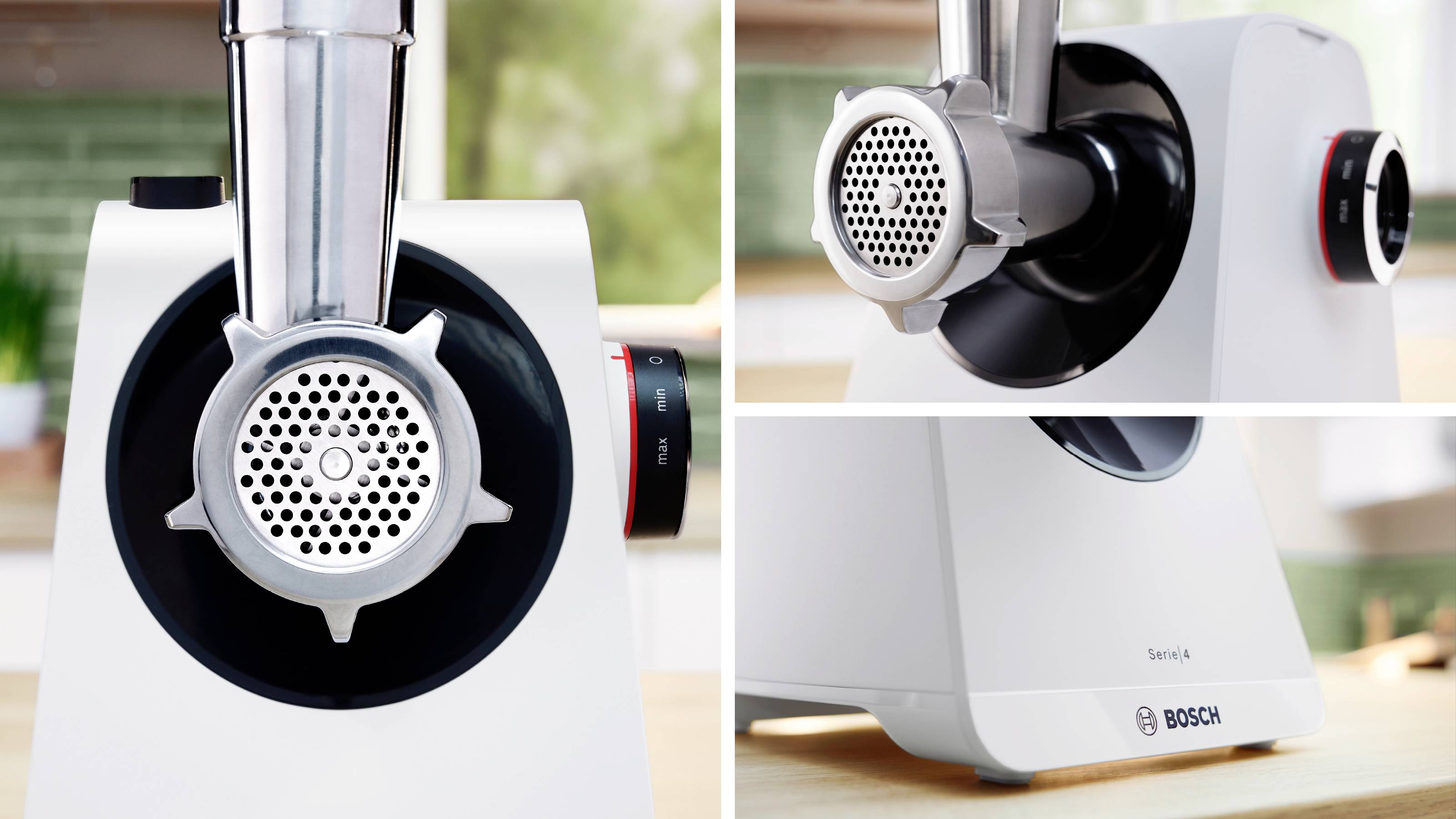 Zbliżenie na maszynkę do mięsa Bosch serii 4 w scenerii kuchni, prezentujące różne kąty i szczegółowo pokazujące przednią część z metalową płytką sitową.