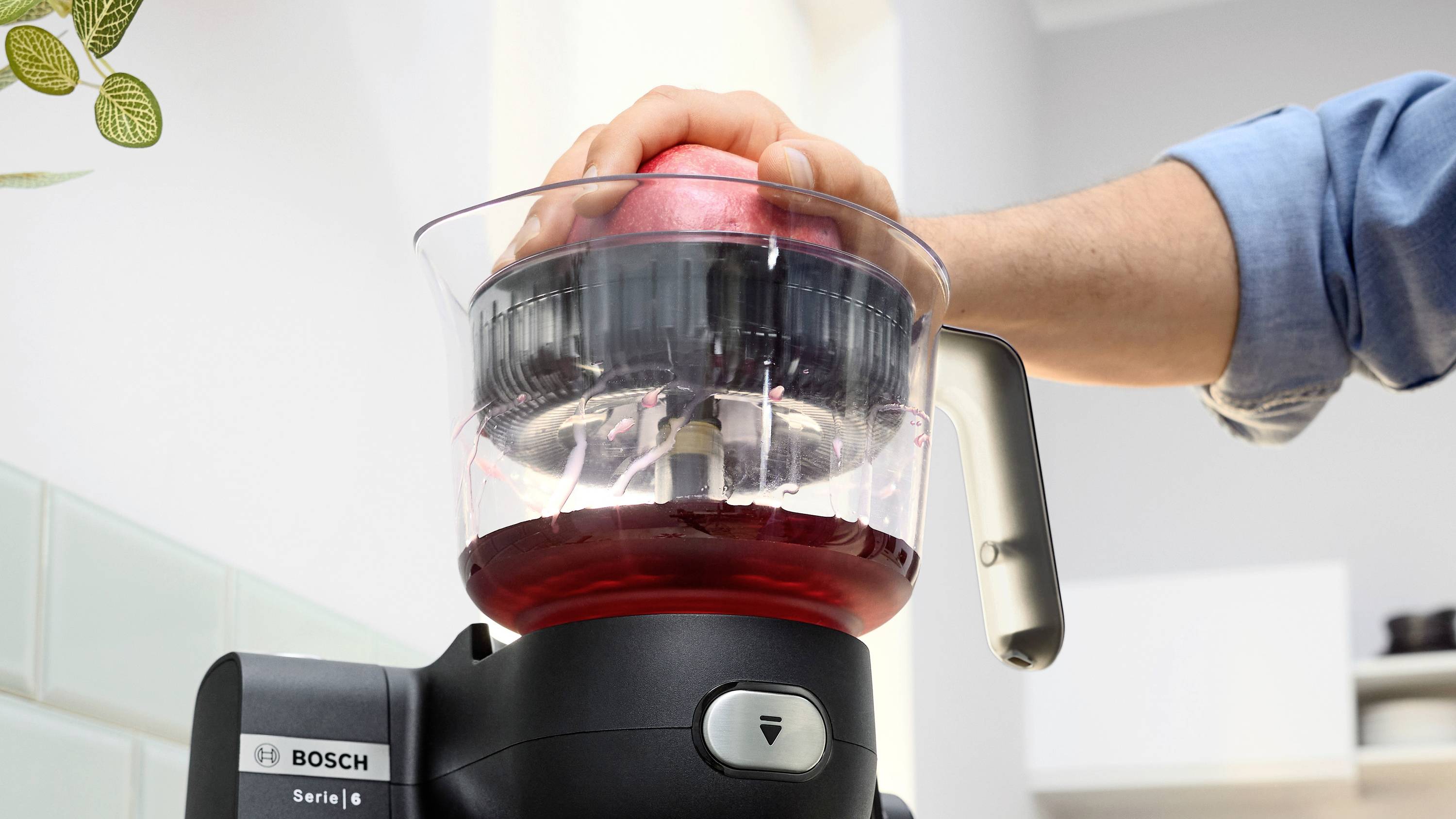 Osoba korzystająca z sokowirówki Bosch do wyciskania soku z czerwonego owocu. Sokowirówka posiada czarną podstawę z przyciskami sterującymi i przezroczysty pojemnik.