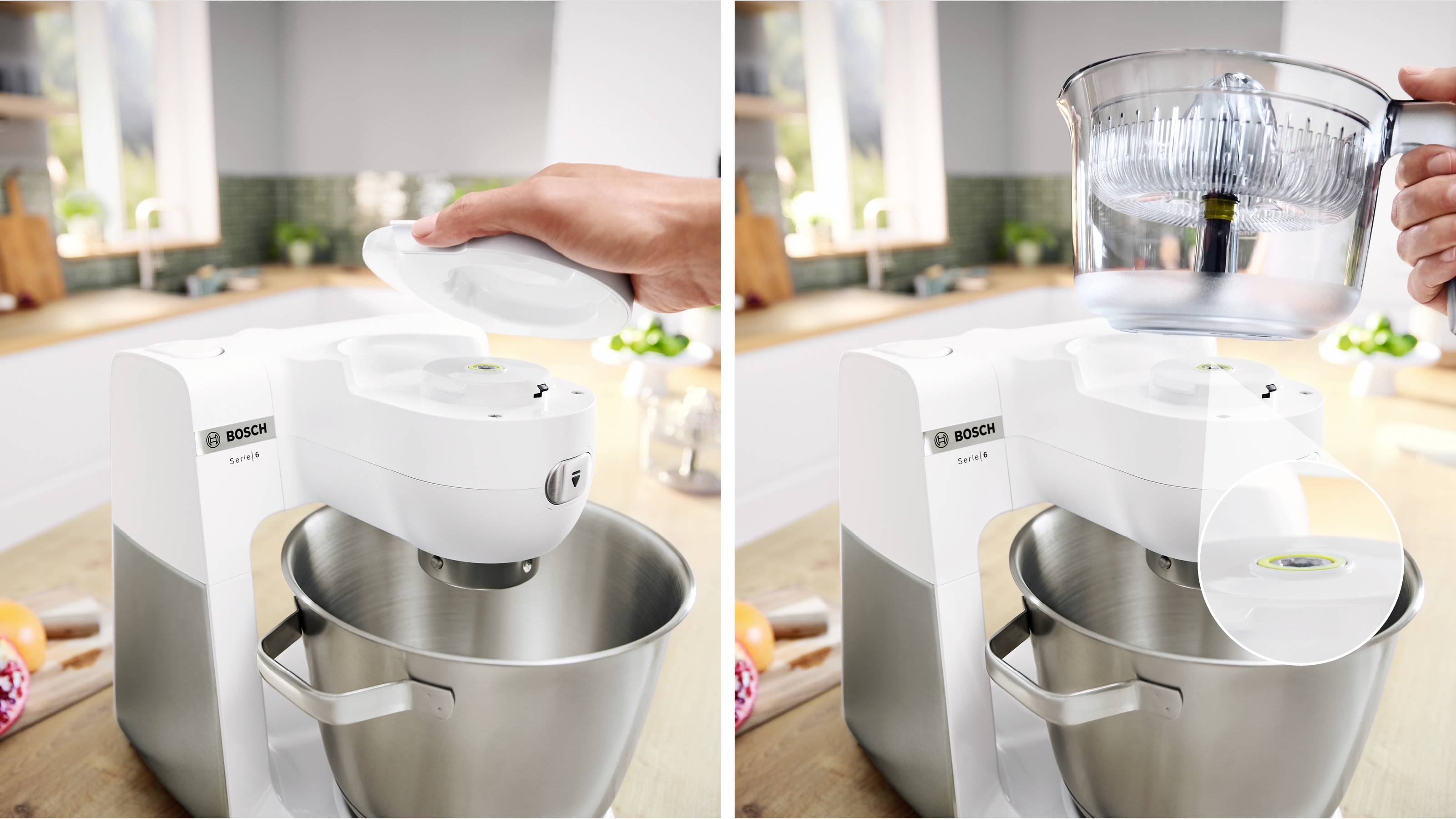 Dwuczęściowe zdjęcie przedstawiające robot kuchenny. Po lewej: ręka nakładająca pokrywę. Po prawej: zakładanie nasadki do wyciskania cytrusów na mikser.