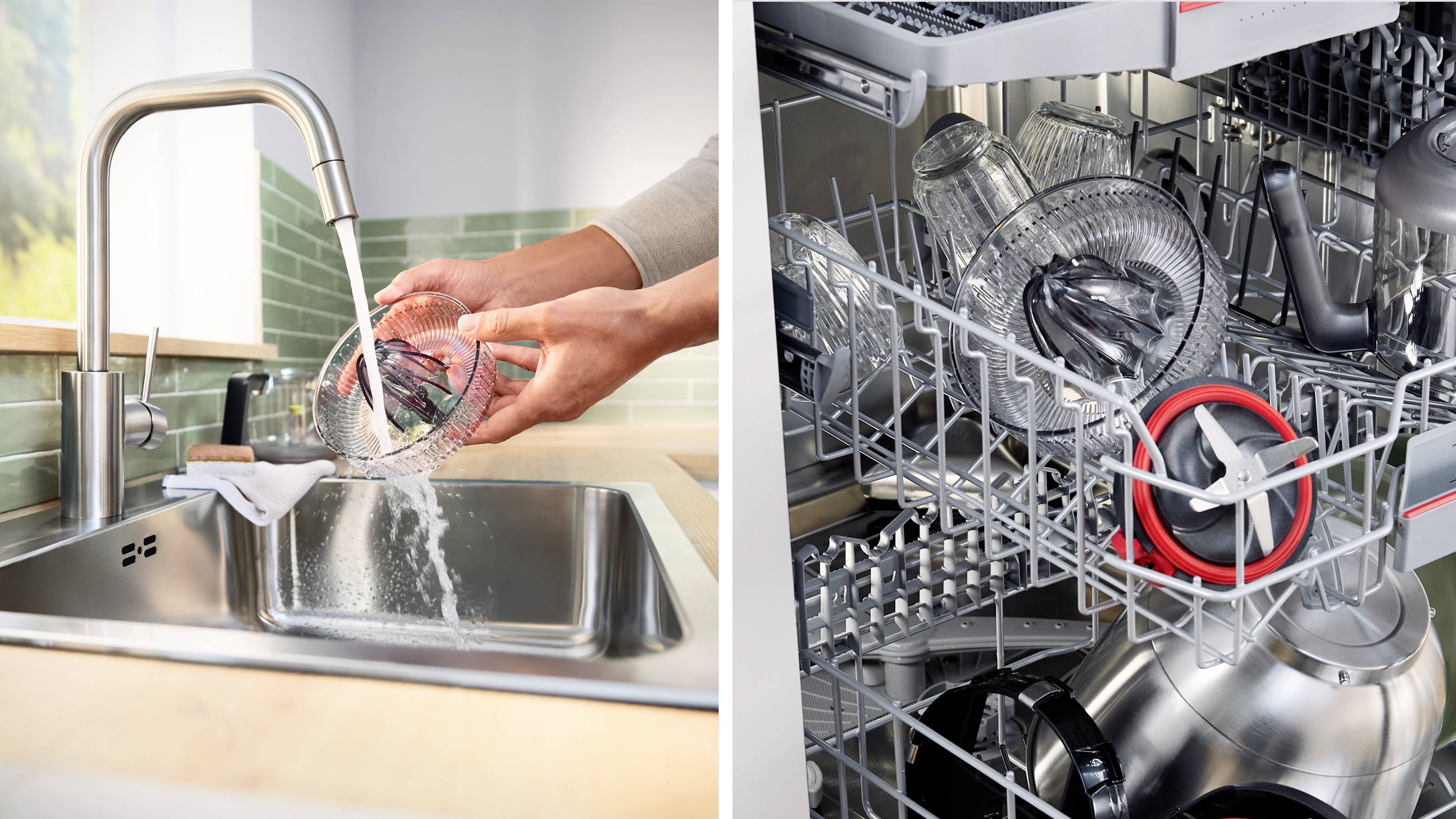 Po lewej: ręce myjące szklany puchar pod kranem w kuchni. Po prawej: zmywarka załadowana różnymi naczyniami.