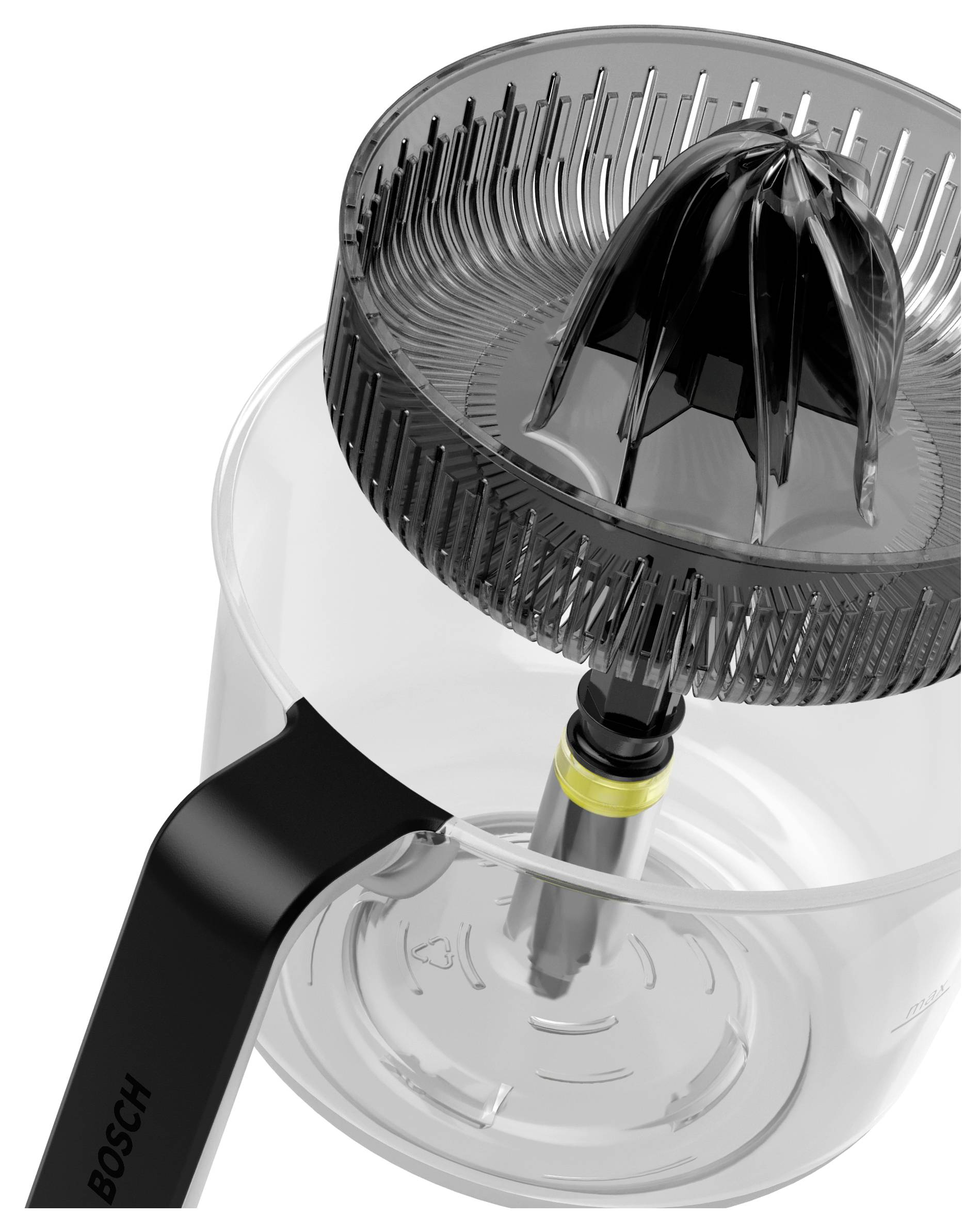 Wyciskarka do cytrusów wykonana ze szkła i plastiku z czarną rączką, wyposażona w prążkowany stożek do wyciskania soku, umieszczona nad przezroczystym pojemnikiem.